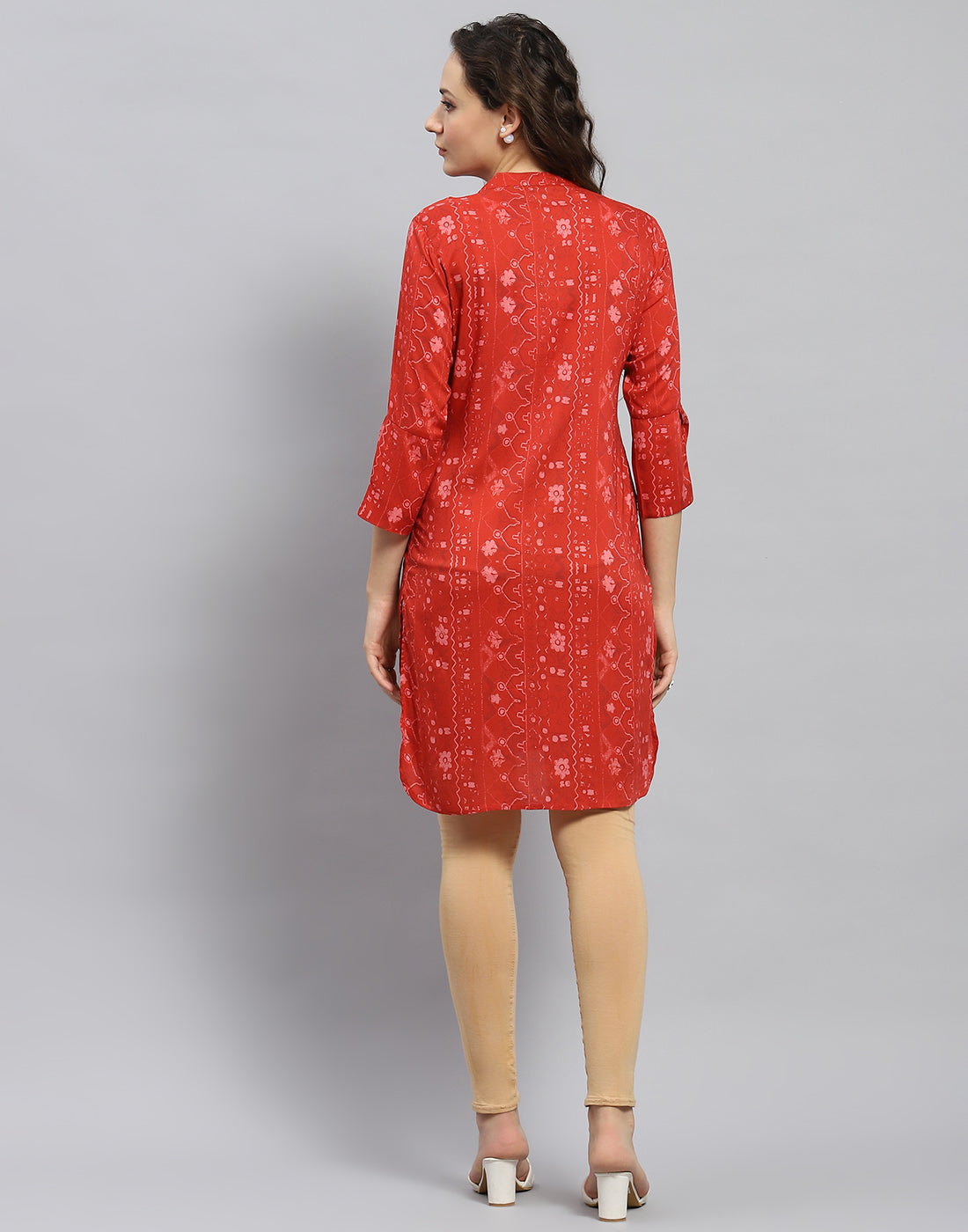 Women Rust Printed Mandarin Collar 3/4 Sleeve Tunic