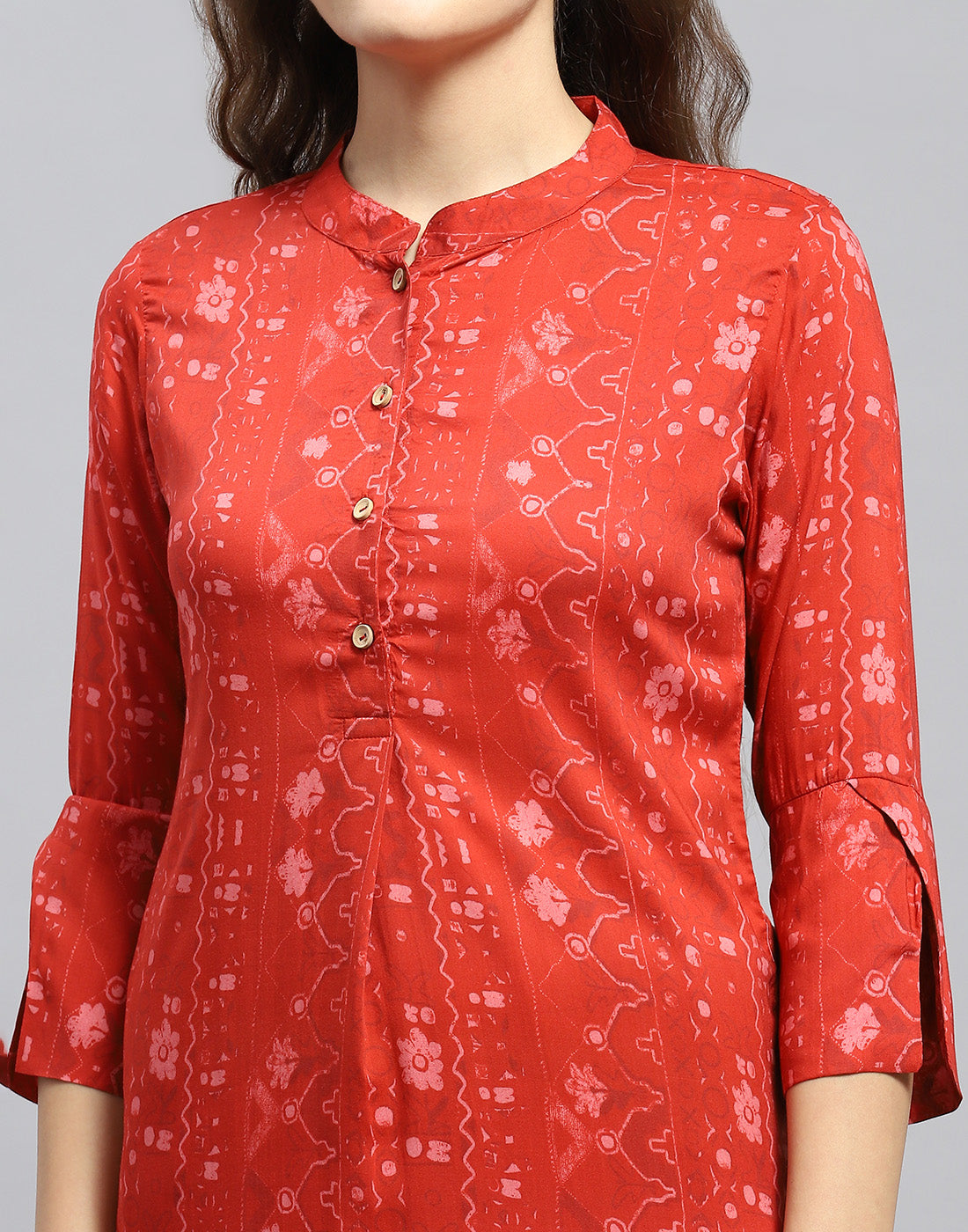 Women Rust Printed Mandarin Collar 3/4 Sleeve Tunic