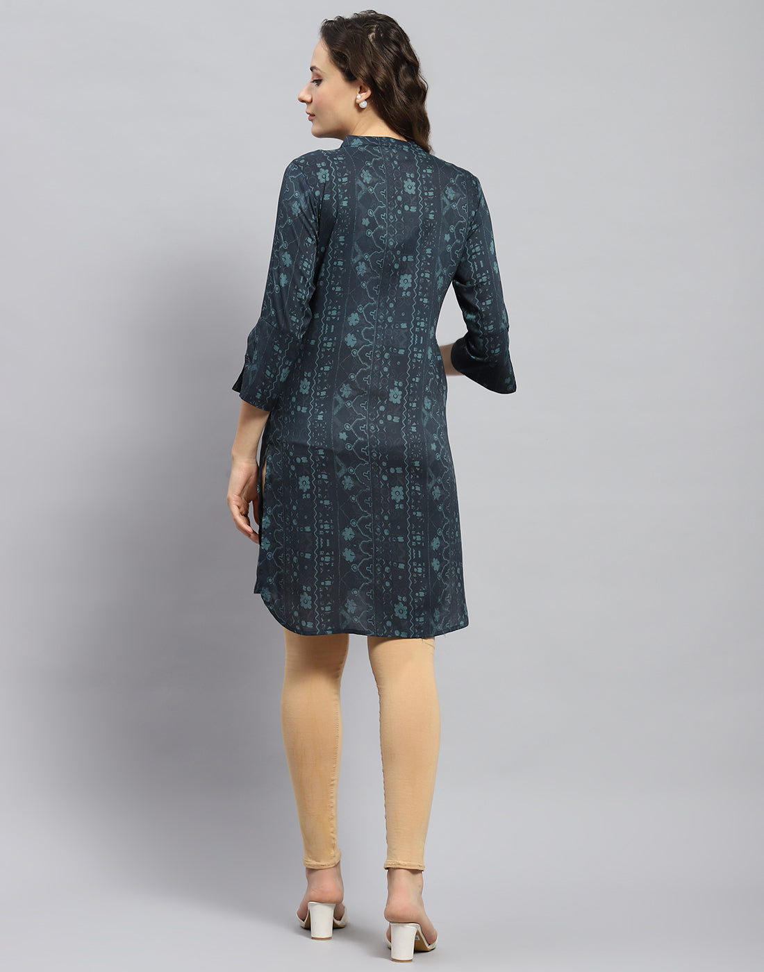 Women Teal Blue Printed Mandarin Collar 3/4 Sleeve Tunic