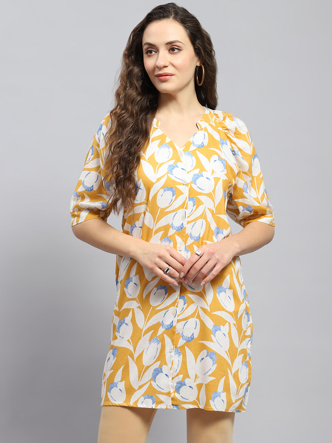 Women Mustard Printed Mandarin Collar Tunic