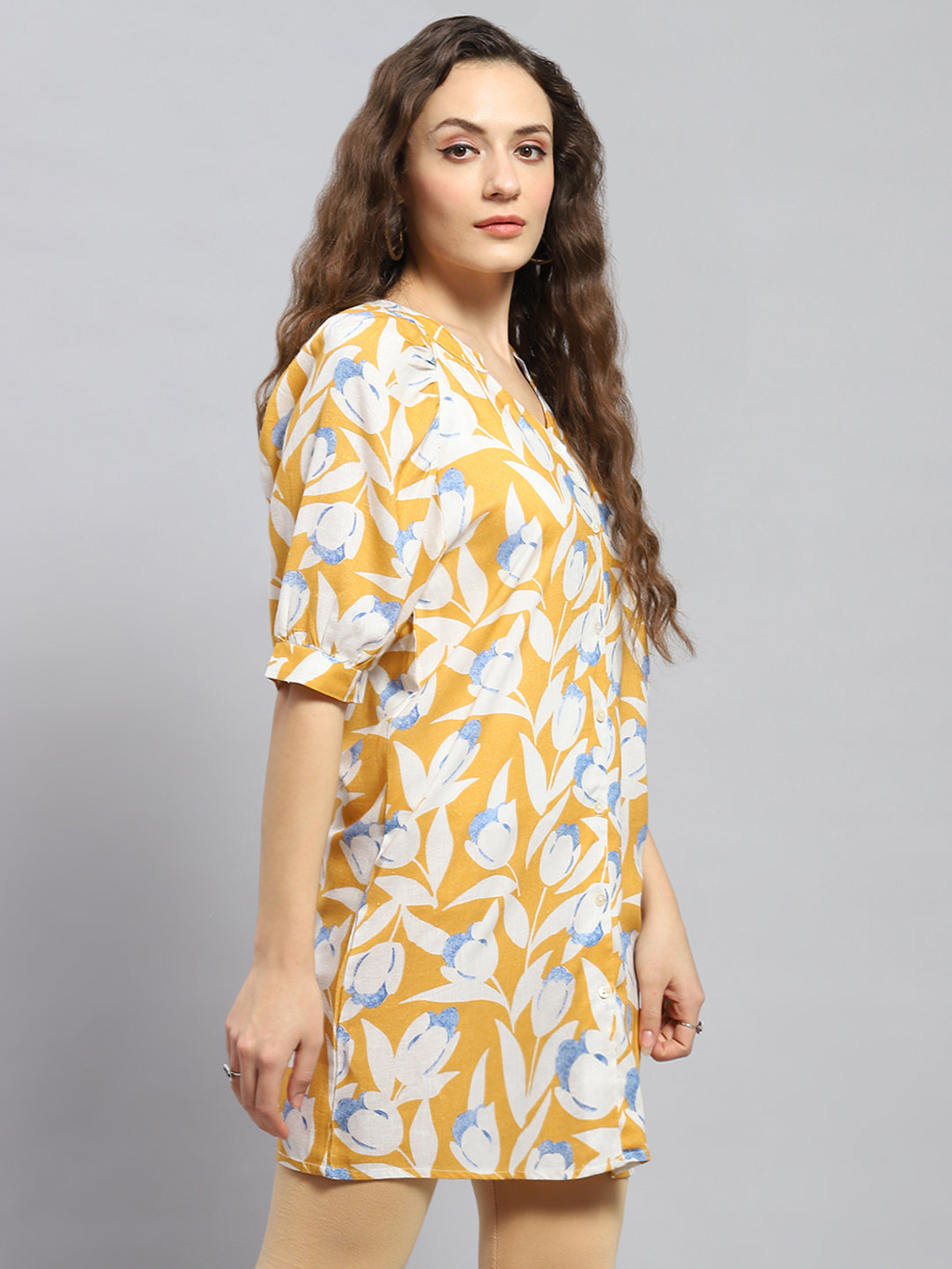 Women Mustard Printed Mandarin Collar Tunic