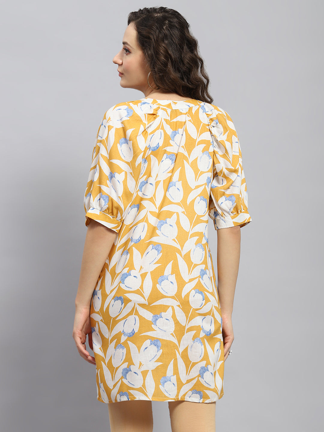 Women Mustard Printed Mandarin Collar Tunic