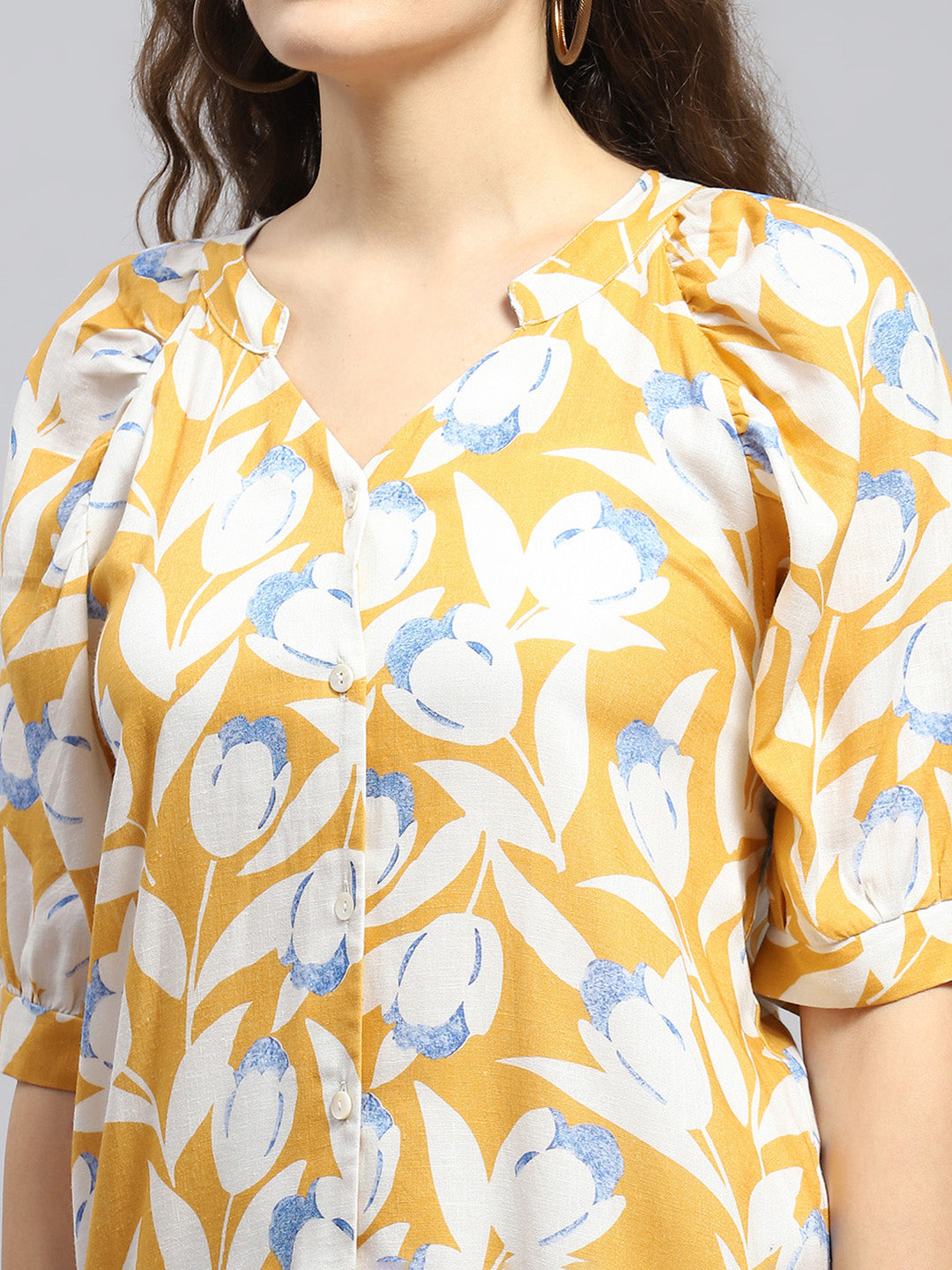 Women Mustard Printed Mandarin Collar Tunic