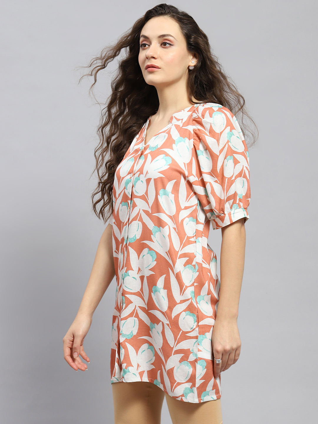 Women Peach Printed Mandarin Collar Tunic
