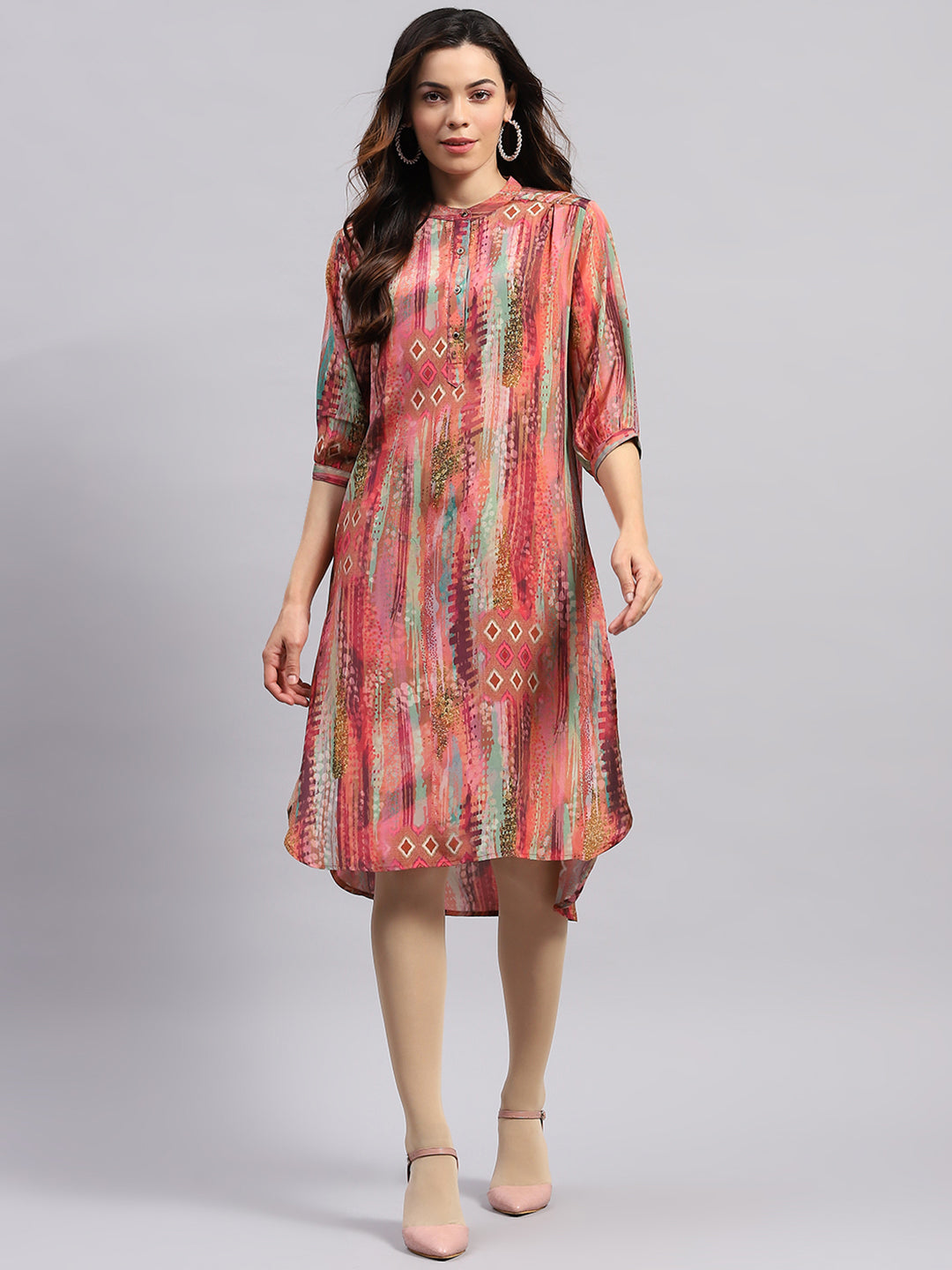 Women PINK Printed Band Collar 3/4 Sleeve Tunic