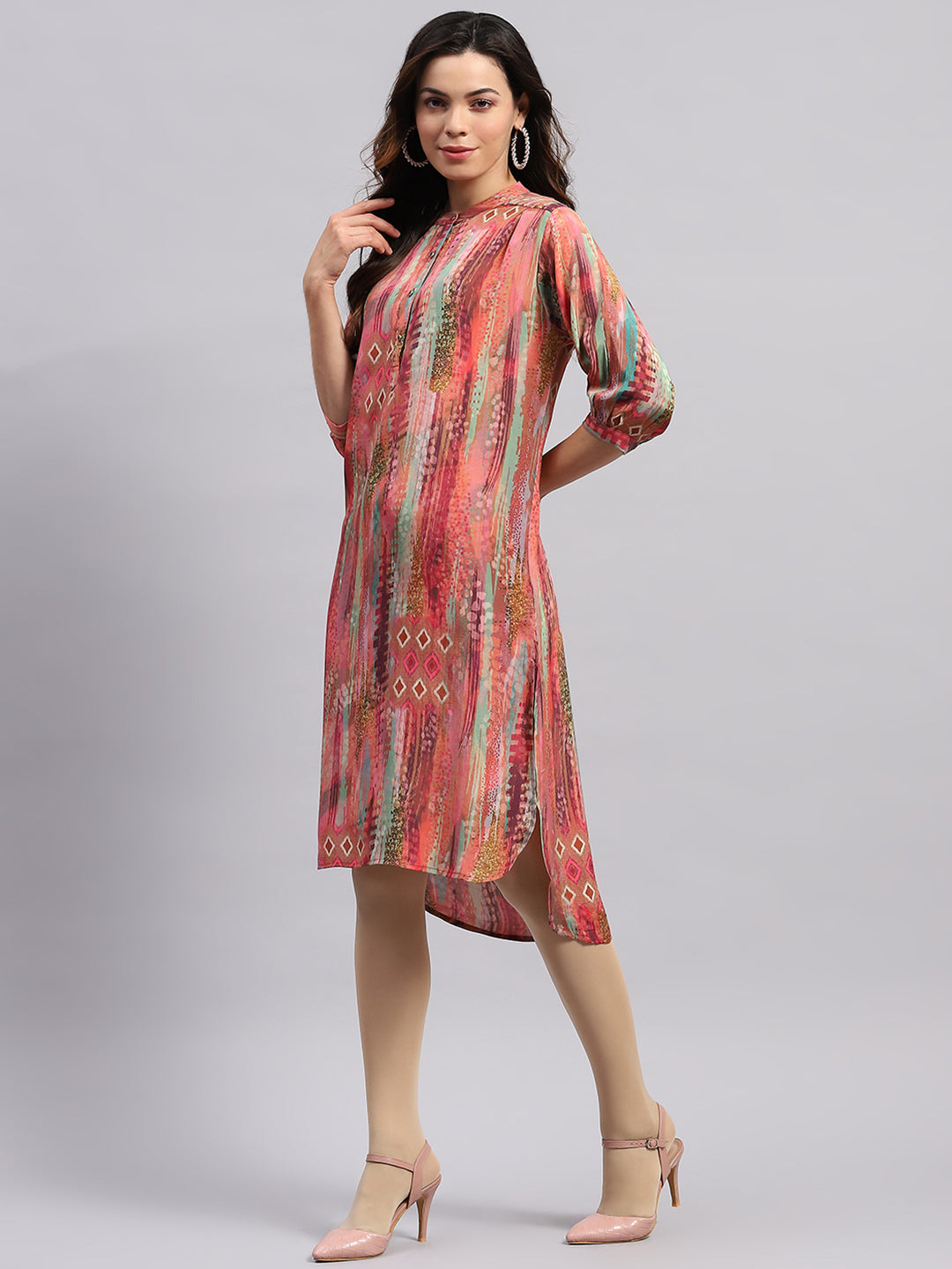 Women PINK Printed Band Collar 3/4 Sleeve Tunic
