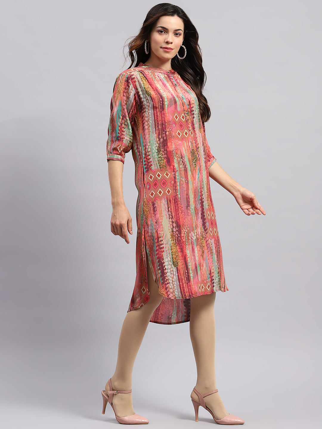 Women PINK Printed Band Collar 3/4 Sleeve Tunic
