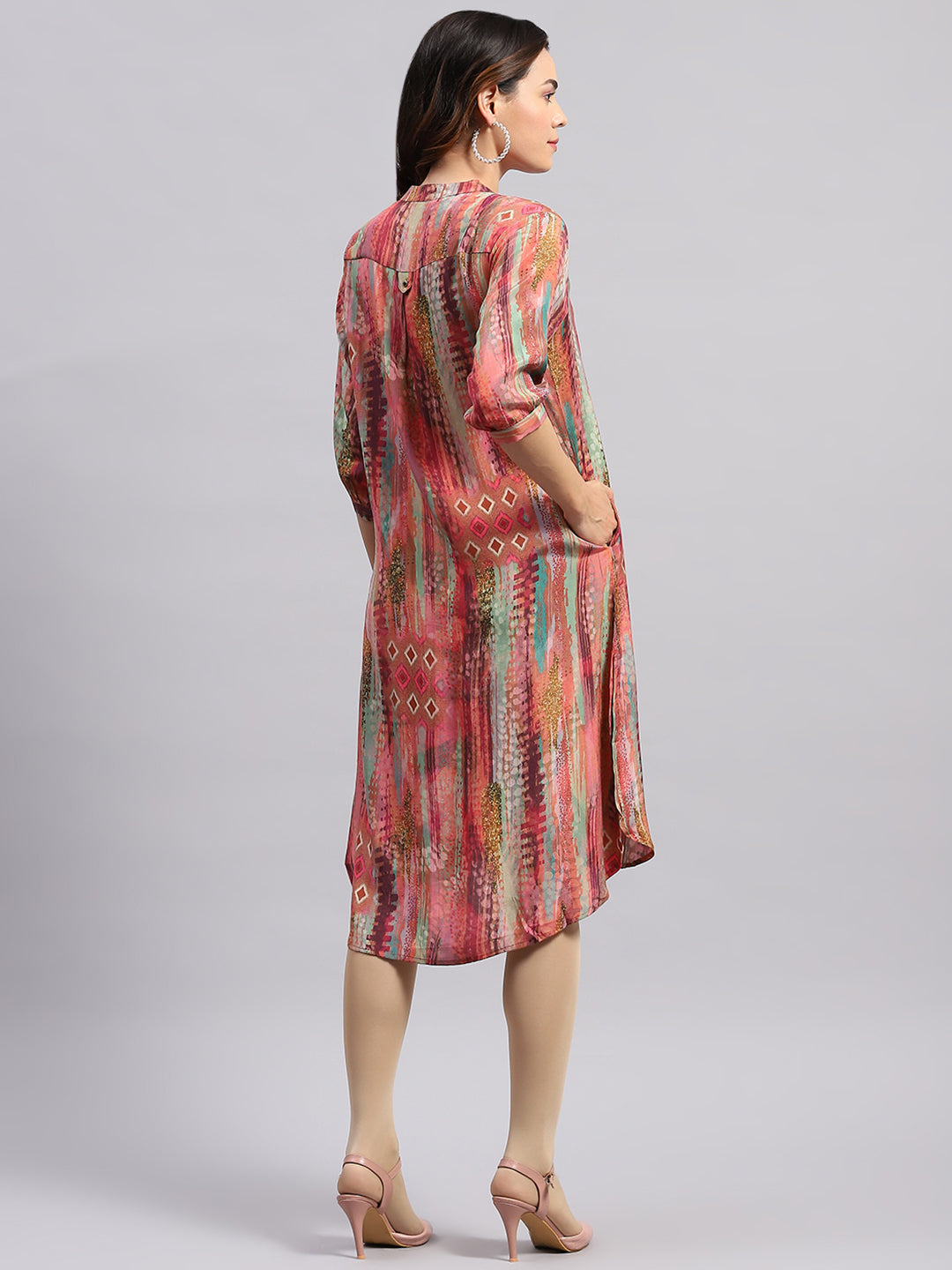 Women PINK Printed Band Collar 3/4 Sleeve Tunic