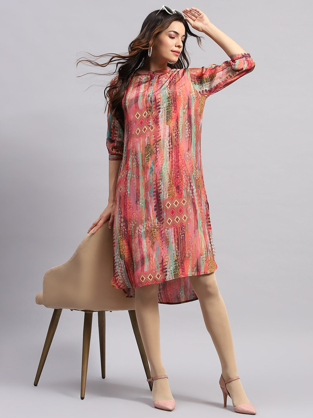 Women PINK Printed Band Collar 3/4 Sleeve Tunic