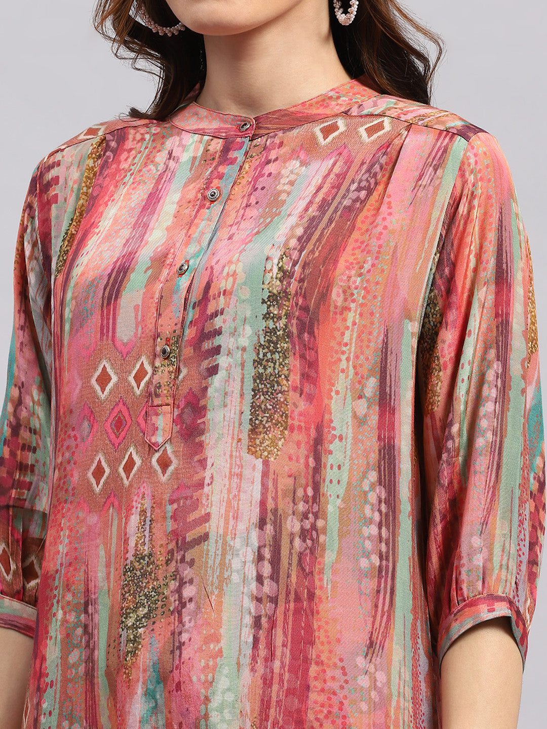 Women PINK Printed Band Collar 3/4 Sleeve Tunic