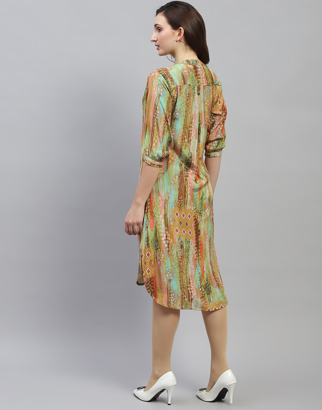 Women Multicolor Printed Band Collar 3/4 Sleeve Dress