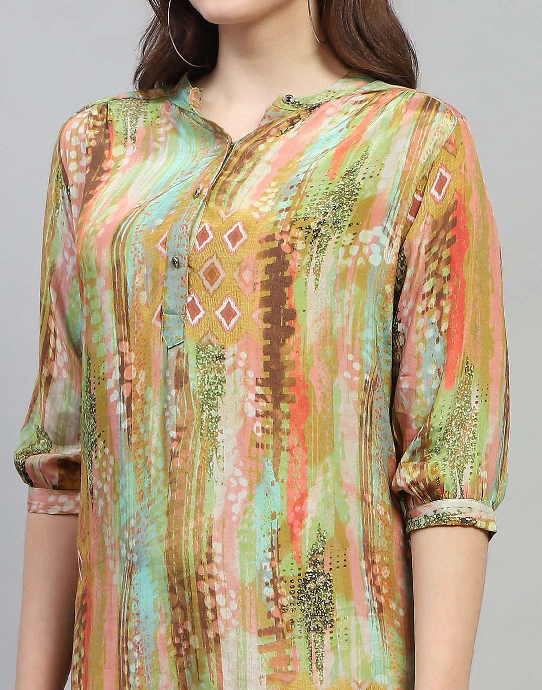 Women Multicolor Printed Band Collar 3/4 Sleeve Dress