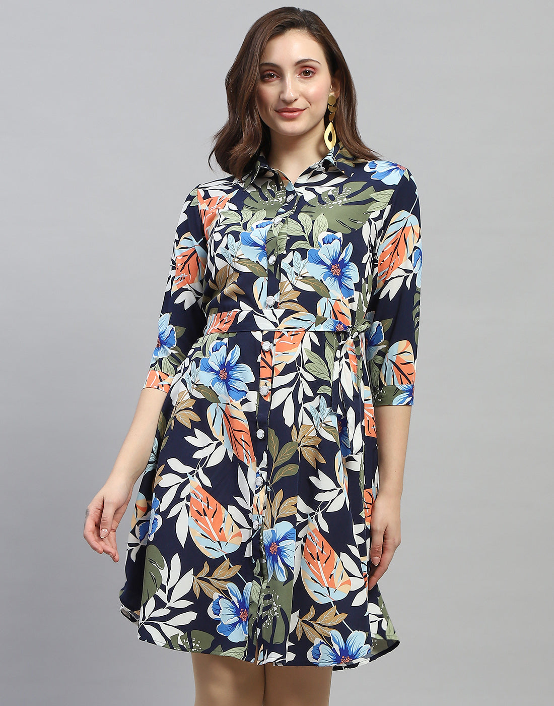 Women Navy Blue Floral Print Collar Neck 3/4 Sleeve Dress