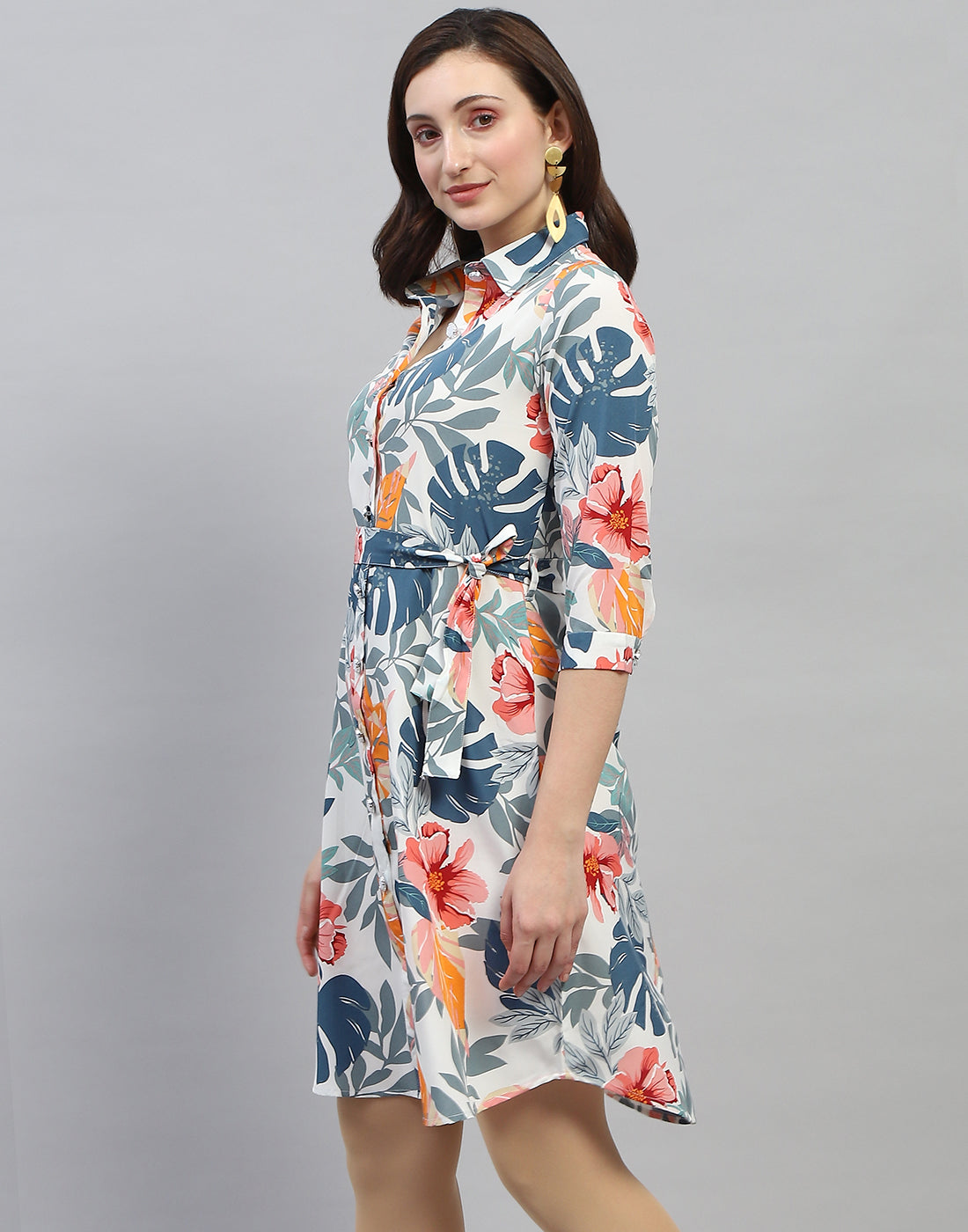 Women Off White Floral Print Collar Neck 3/4 Sleeve Dress