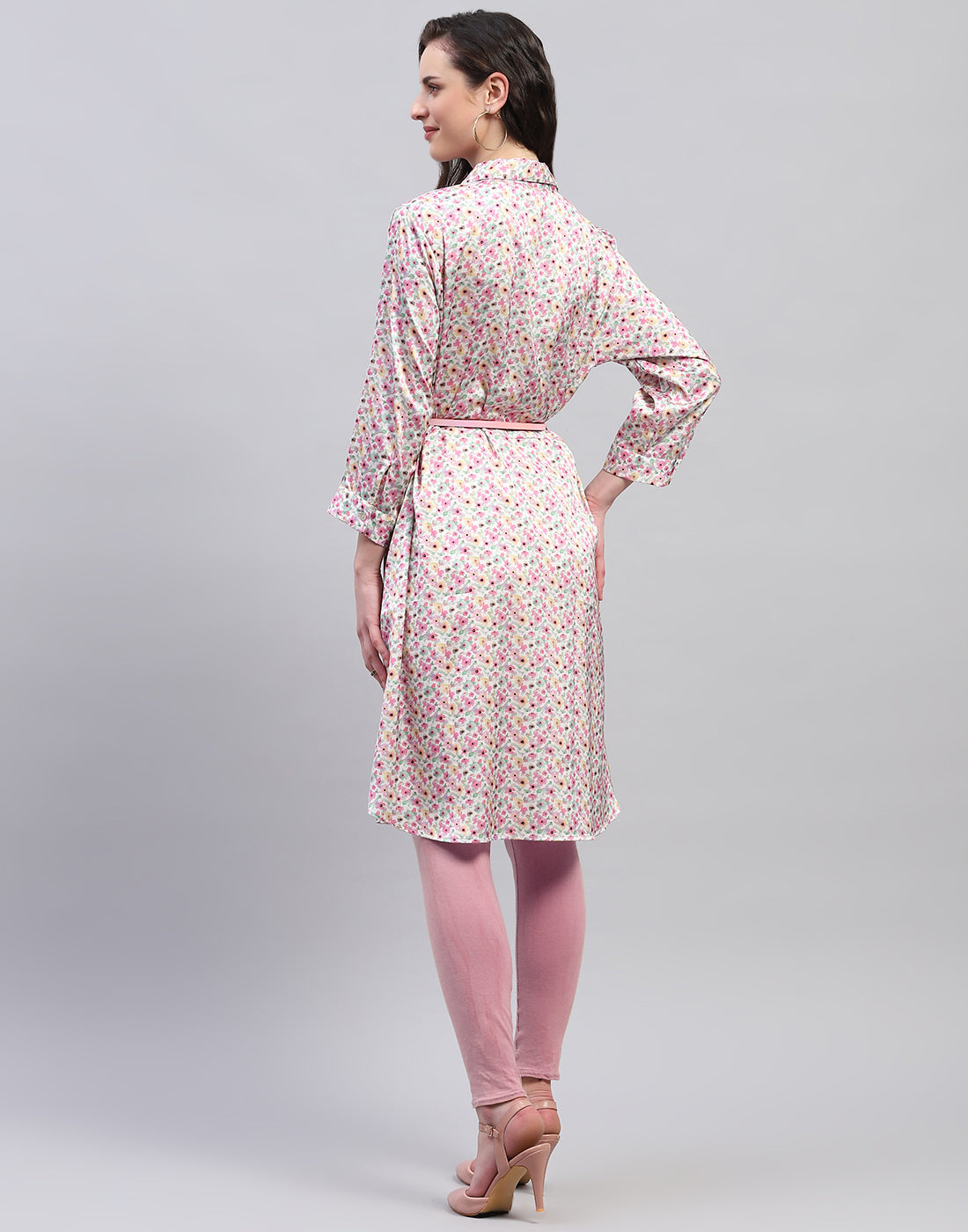 Women Pink Floral Print V Neck 3/4 Sleeve Dress
