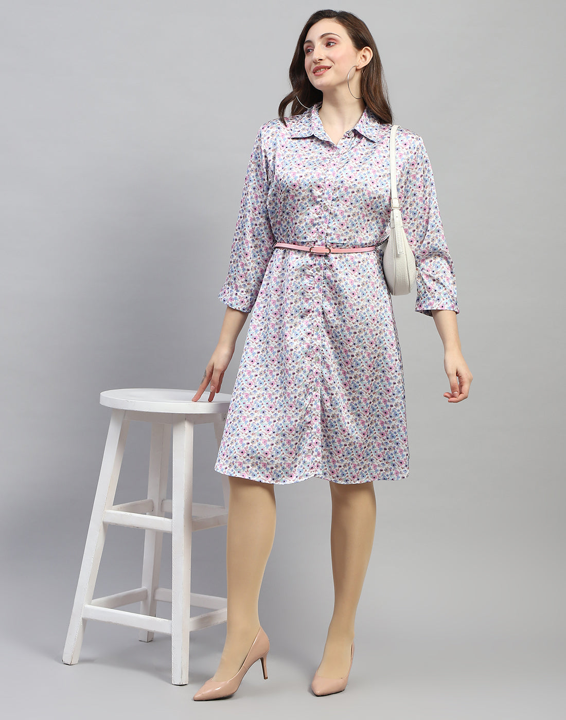 Women Off White Floral Print Collar Neck 3/4 Sleeve Dress