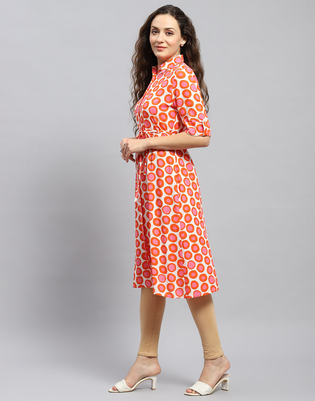 Women Rust Printed Collar Short Sleeve Tunic