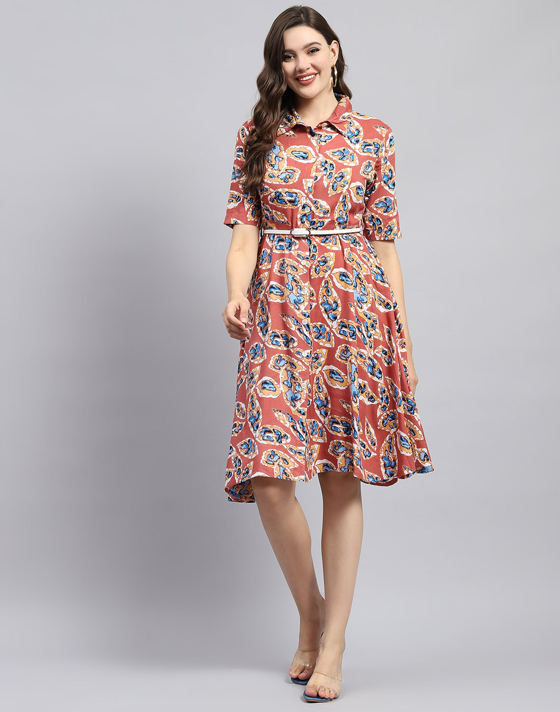 Women Peach Printed Collar Half Sleeve Dress