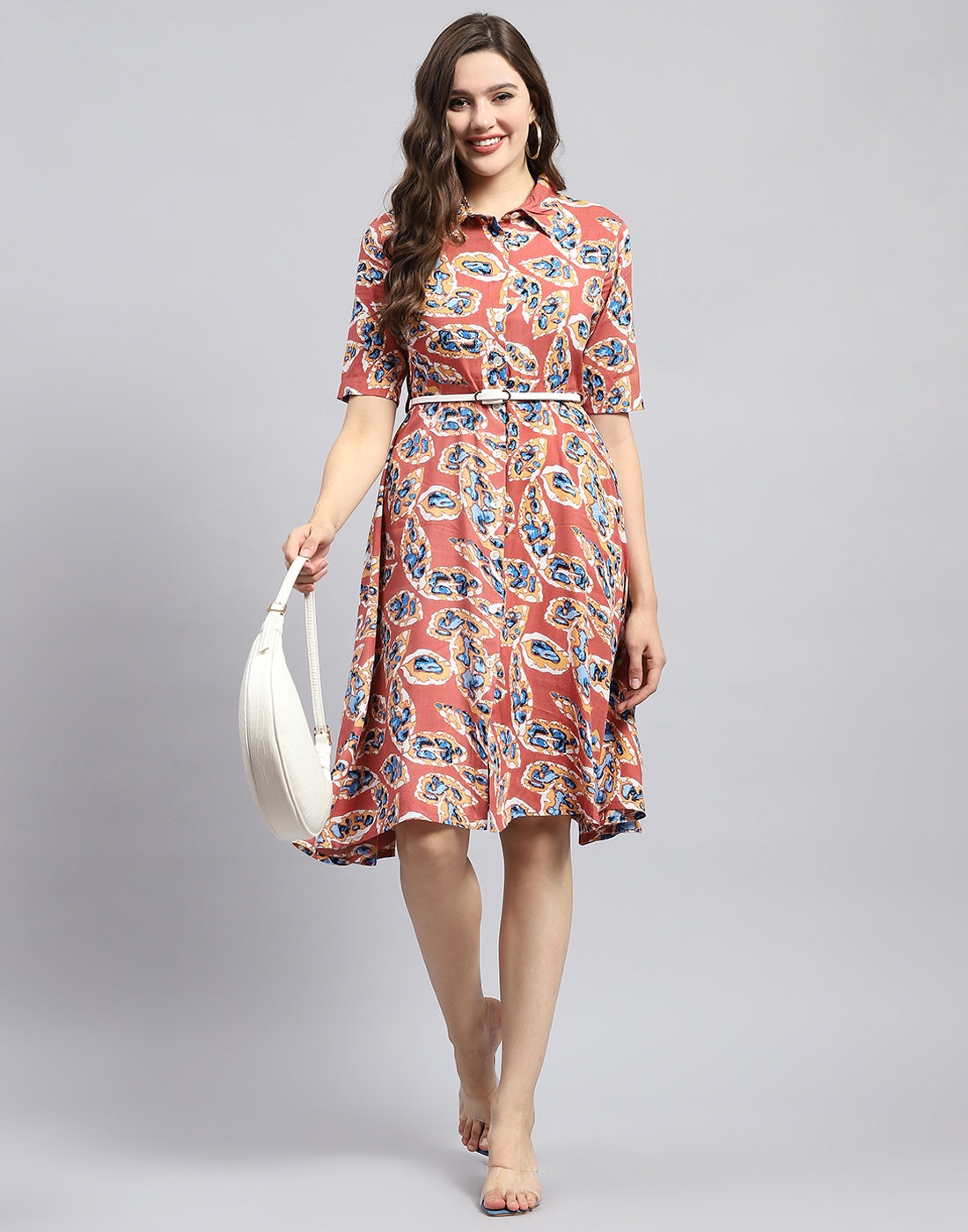 Buy Women Peach Printed Collar Half Sleeve Dress Online in India - Monte Carlo Buy Women Peach Printed Collar Half Sleeve Dress Online in India - Monte Carlo
