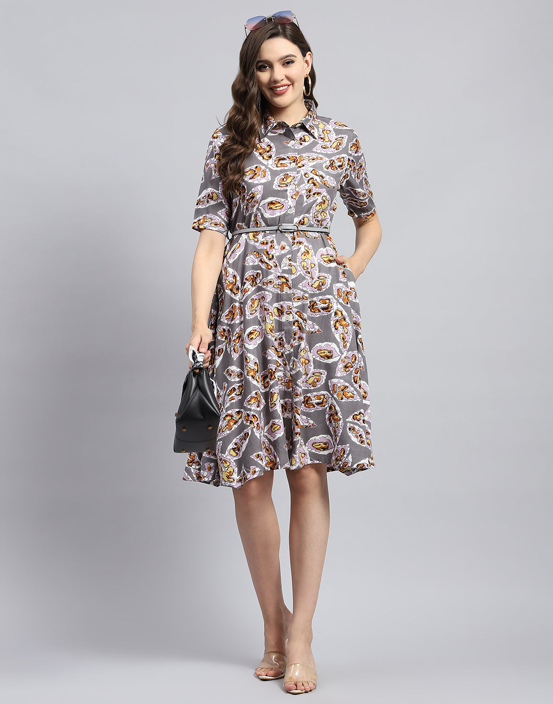Buy Women Grey Printed Collar Half Sleeve Dress Online in India