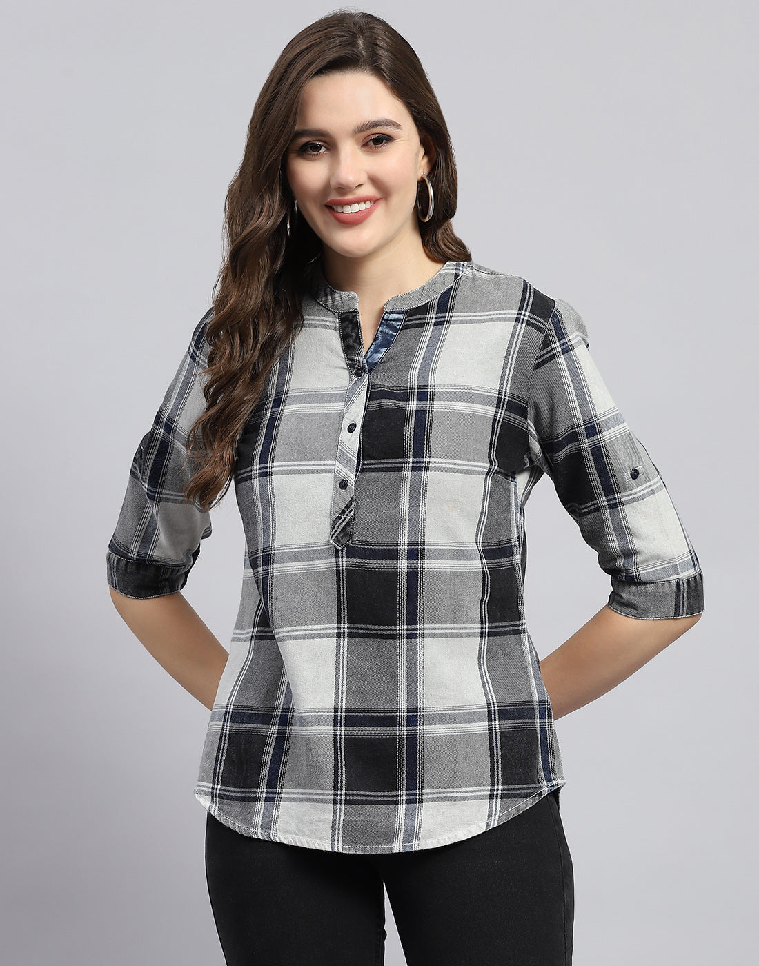 Women Blue Check Mandarin Neck Half Sleeve Top