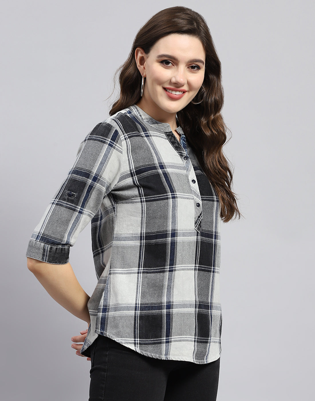 Women Blue Check Mandarin Neck Half Sleeve Top