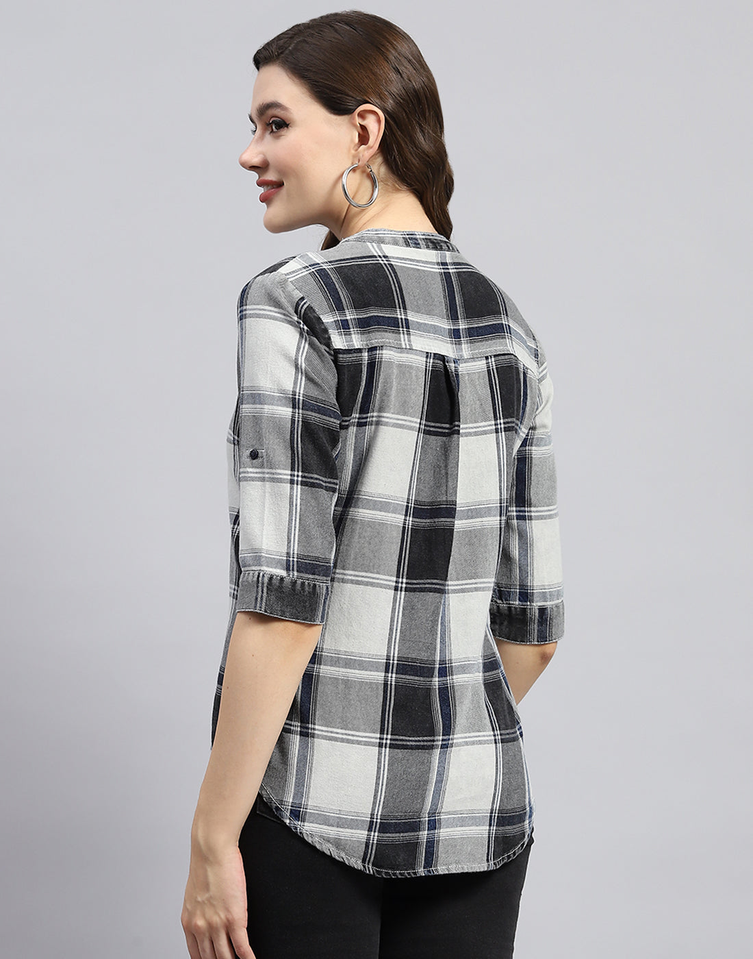Women Blue Check Mandarin Neck Half Sleeve Top