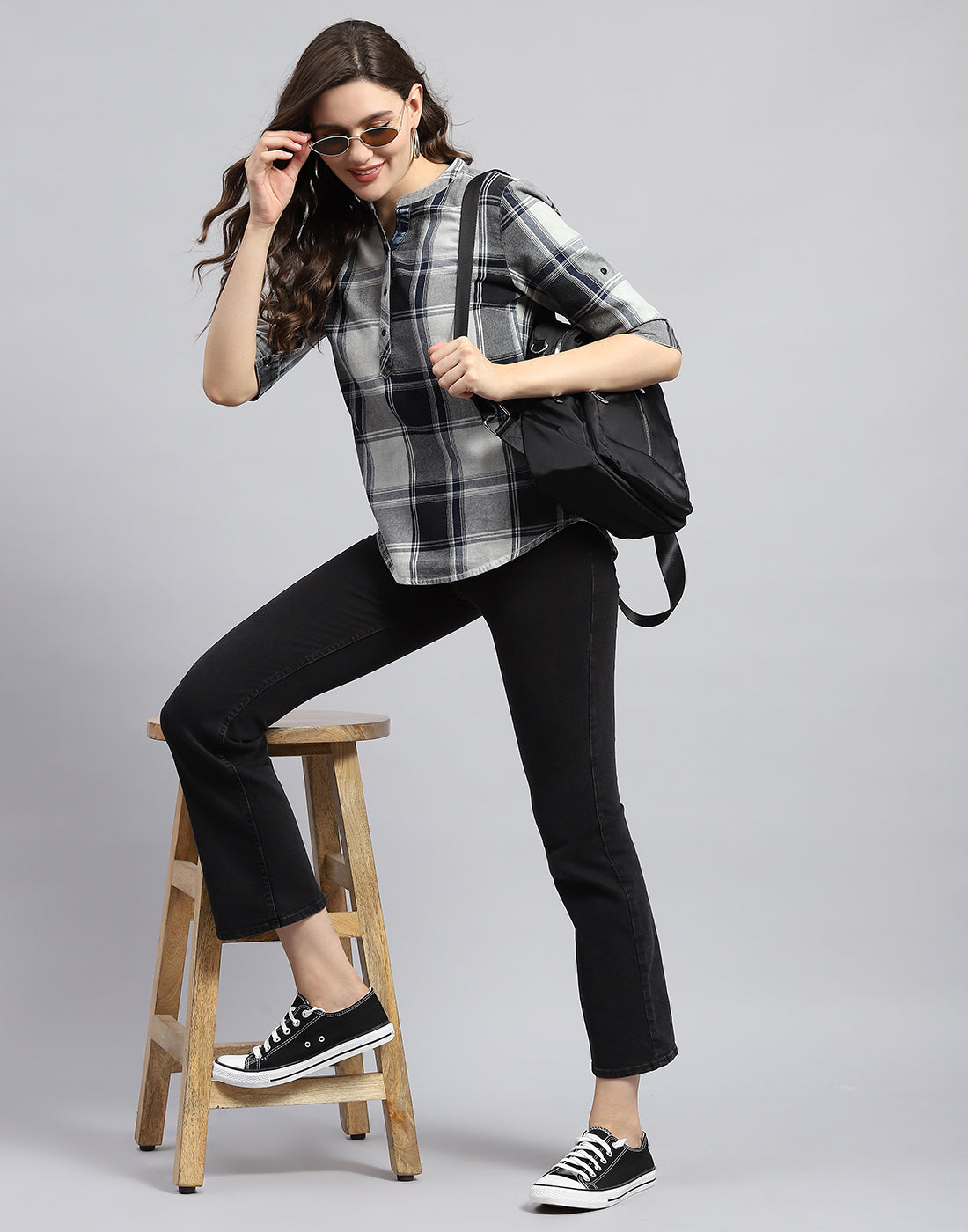 Women Blue Check Mandarin Neck Half Sleeve Top