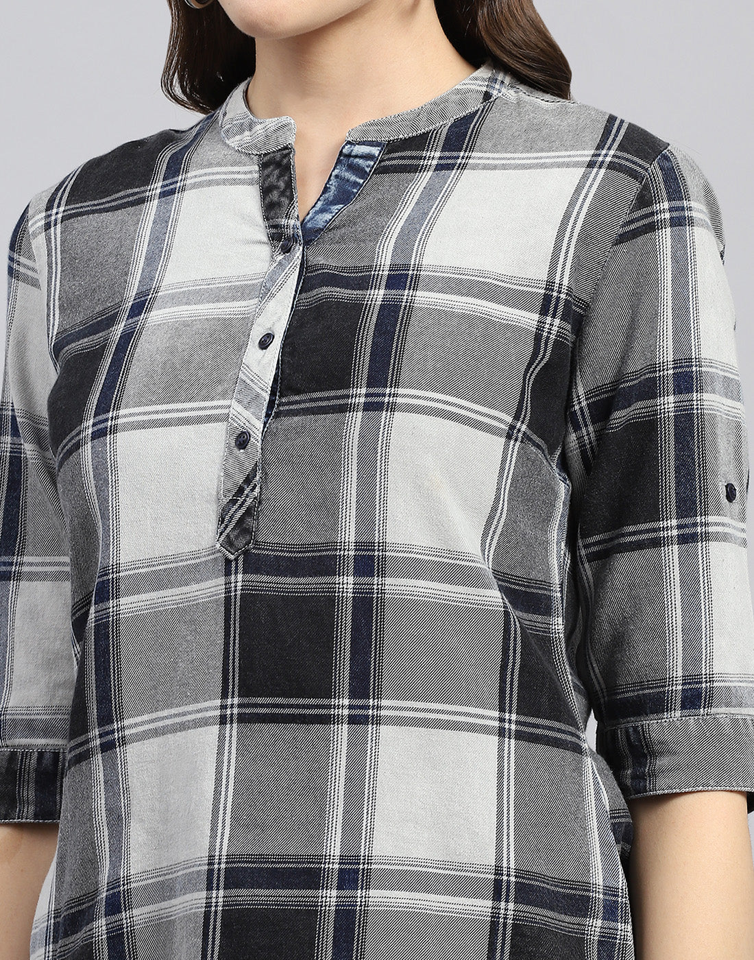 Women Blue Check Mandarin Neck Half Sleeve Top