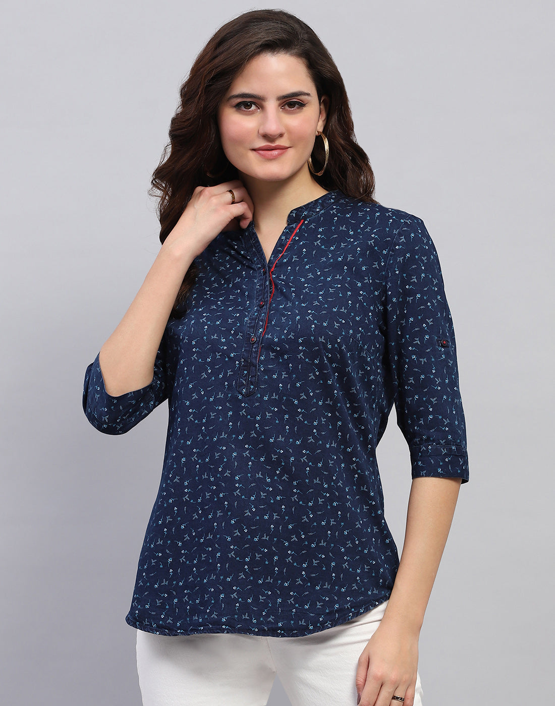 Women Navy Blue Printed Mandarin collar 3/4 Sleeve Top