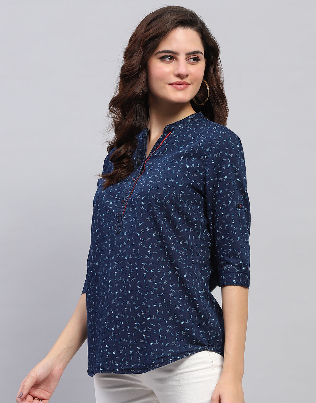 Women Navy Blue Printed Mandarin collar 3/4 Sleeve Top