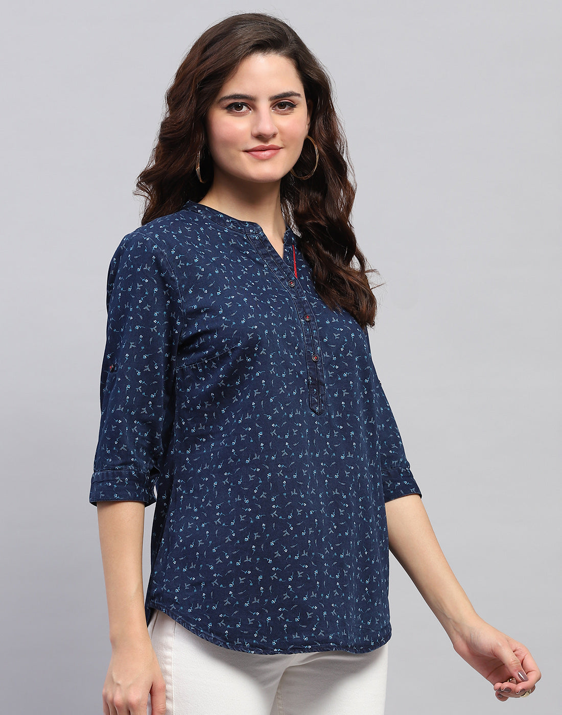 Women Navy Blue Printed Mandarin collar 3/4 Sleeve Top