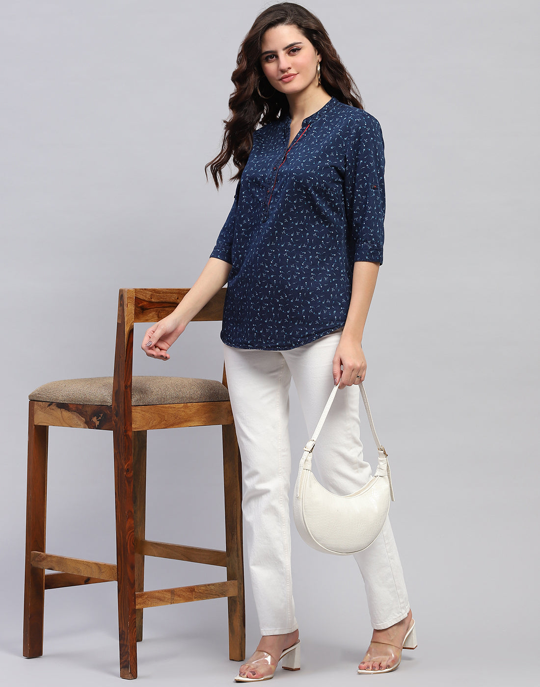 Women Navy Blue Printed Mandarin collar 3/4 Sleeve Top