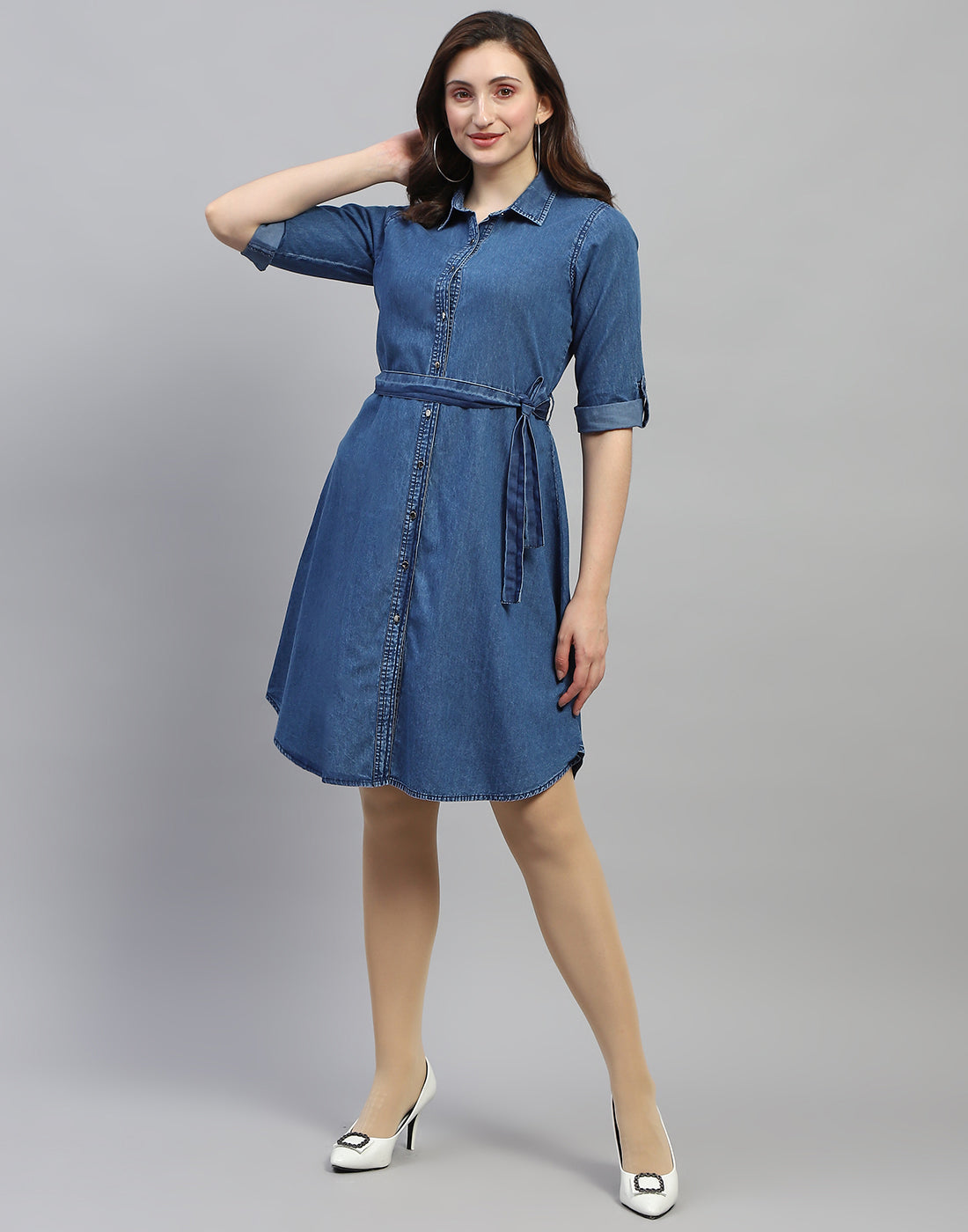 Women Dark Blue Solid Collar Neck 3/4 Sleeve Top