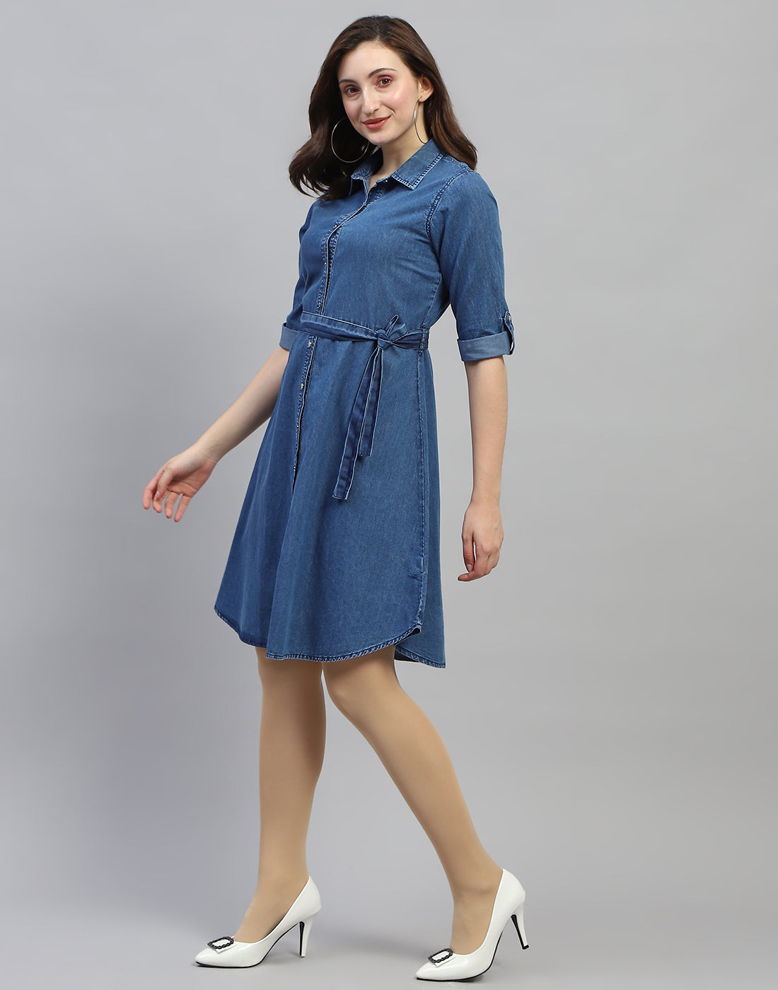 Women Dark Blue Solid Collar Neck 3/4 Sleeve Top