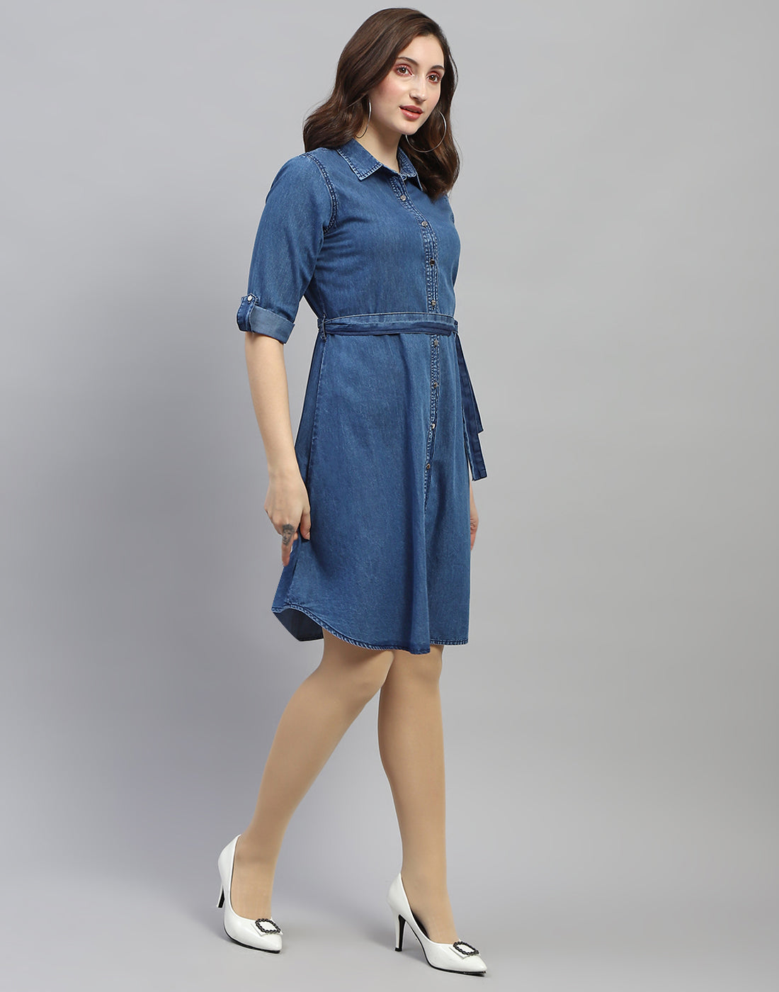 Women Dark Blue Solid Collar Neck 3/4 Sleeve Top