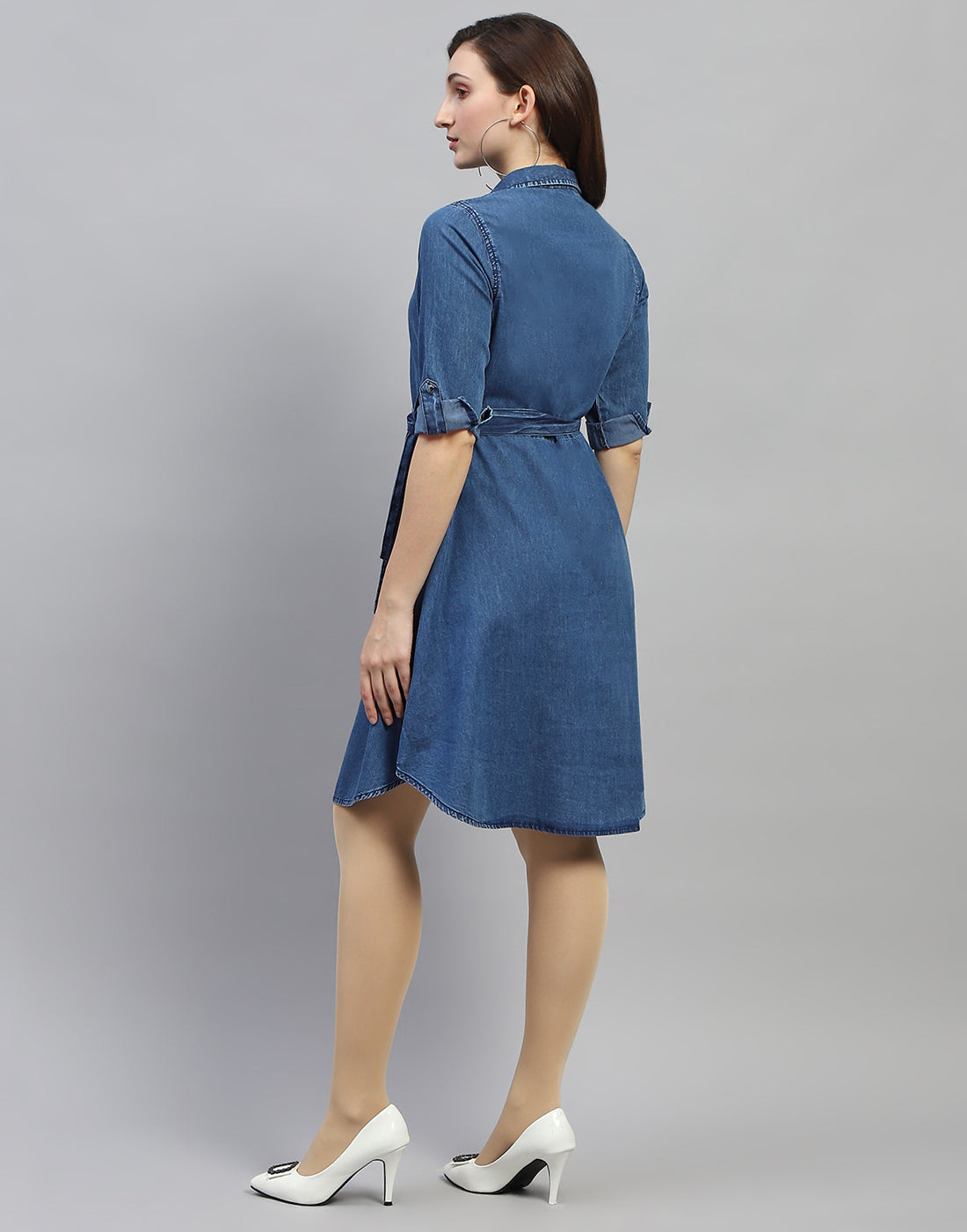 Women Dark Blue Solid Collar Neck 3/4 Sleeve Top