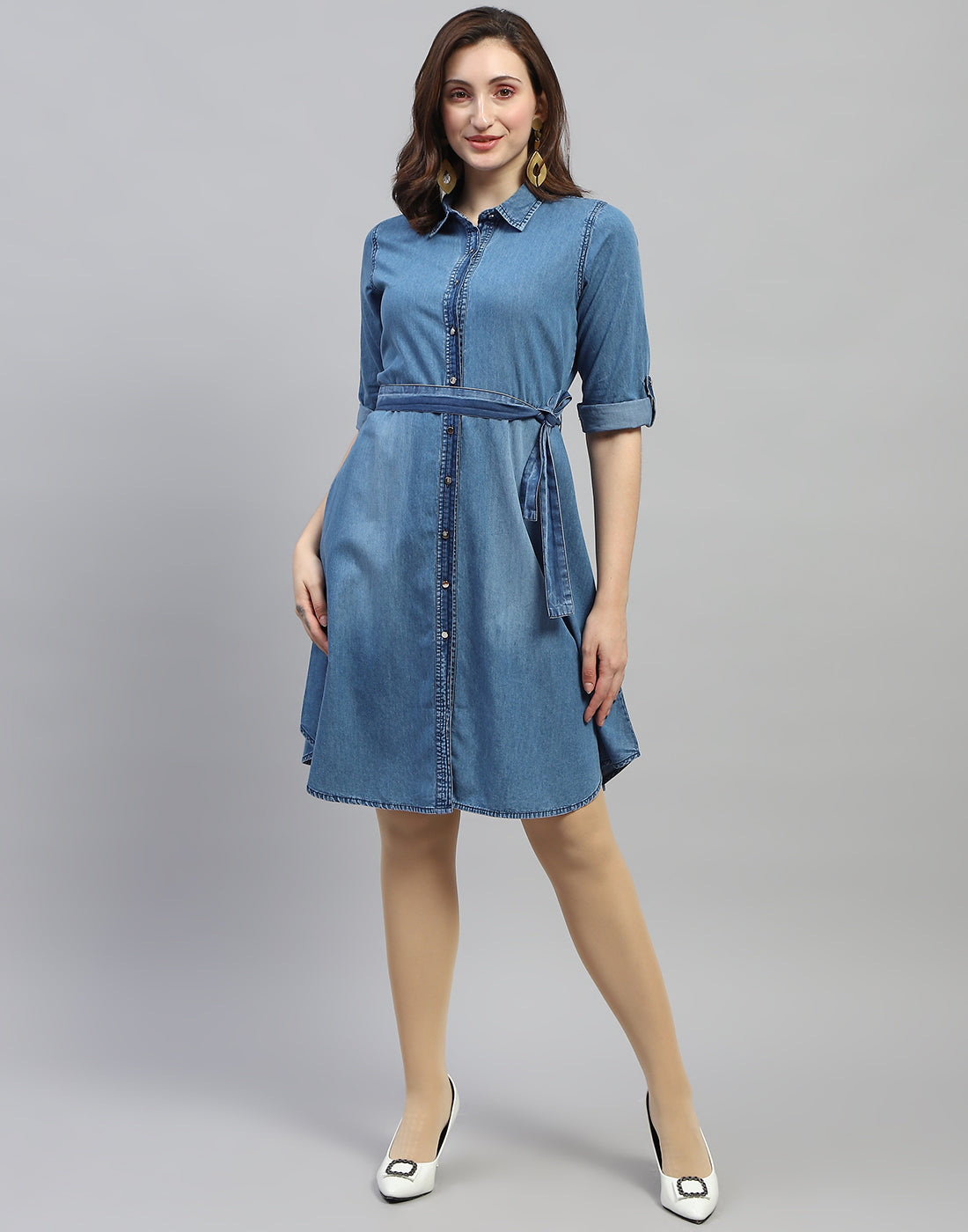 Women Blue Solid Collar Neck 3/4 Sleeve Dress