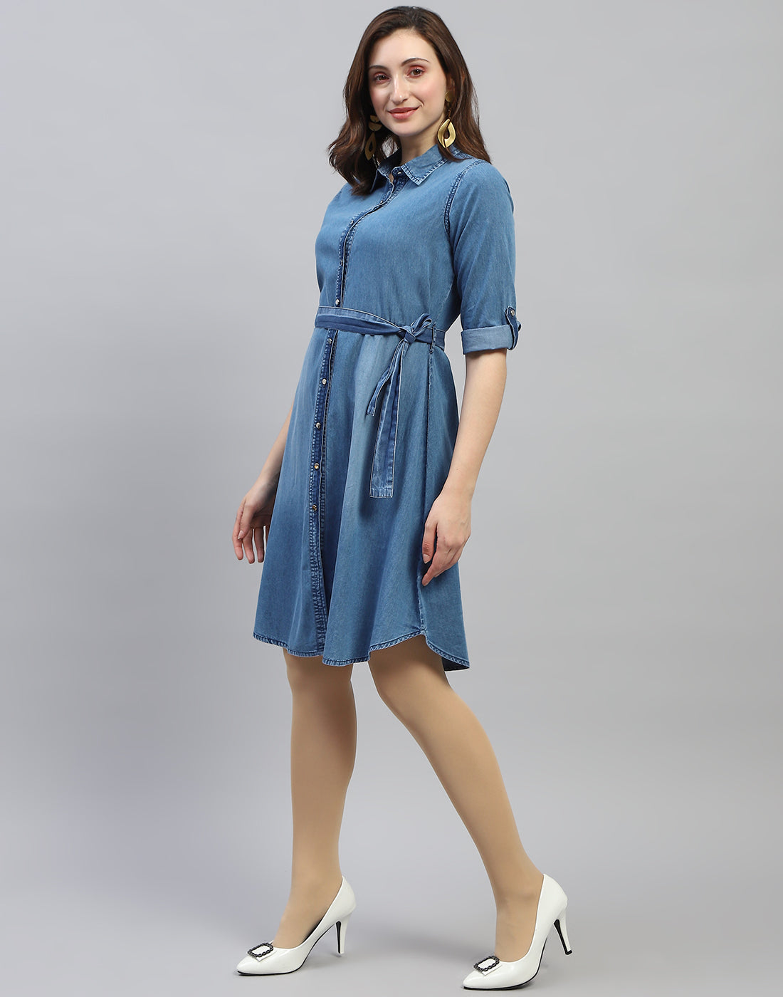 Women Blue Solid Collar Neck 3/4 Sleeve Dress