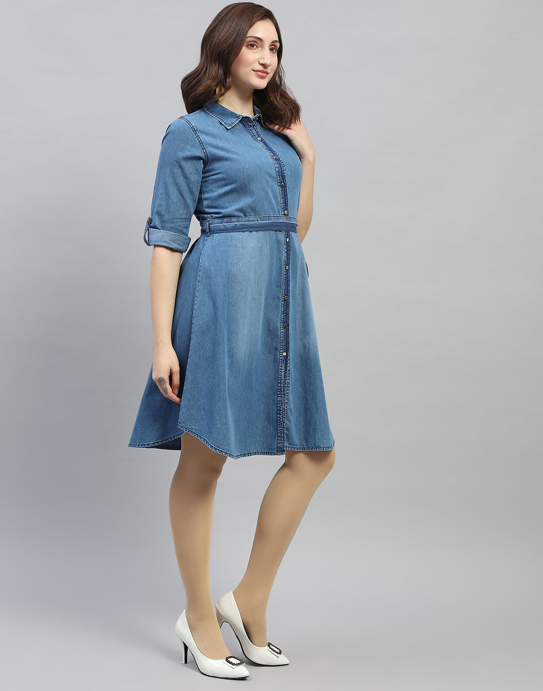 Women Blue Solid Collar Neck 3/4 Sleeve Dress