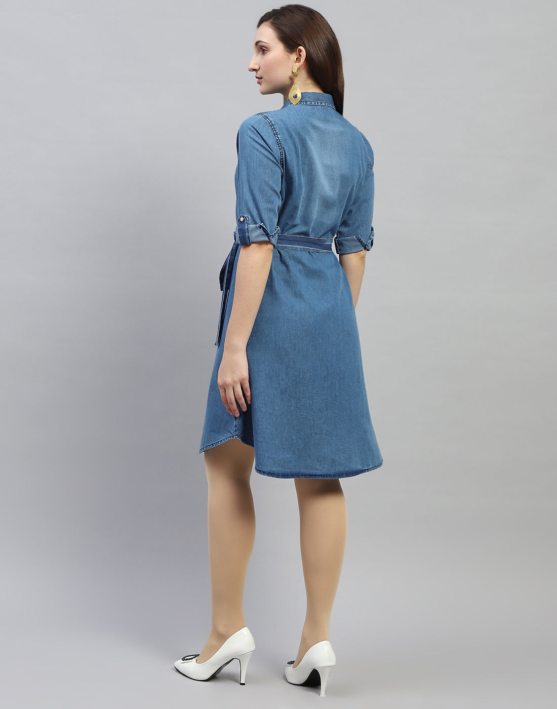 Women Blue Solid Collar Neck 3/4 Sleeve Dress