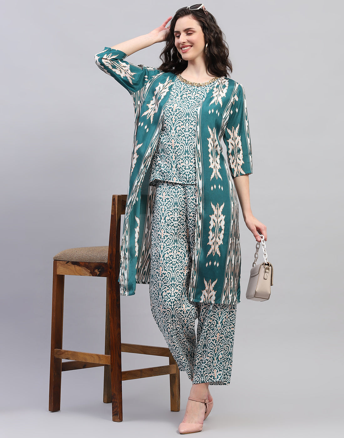 Women Teal Blue Printed Round Neck Half Sleeve Combo 3Pc Set