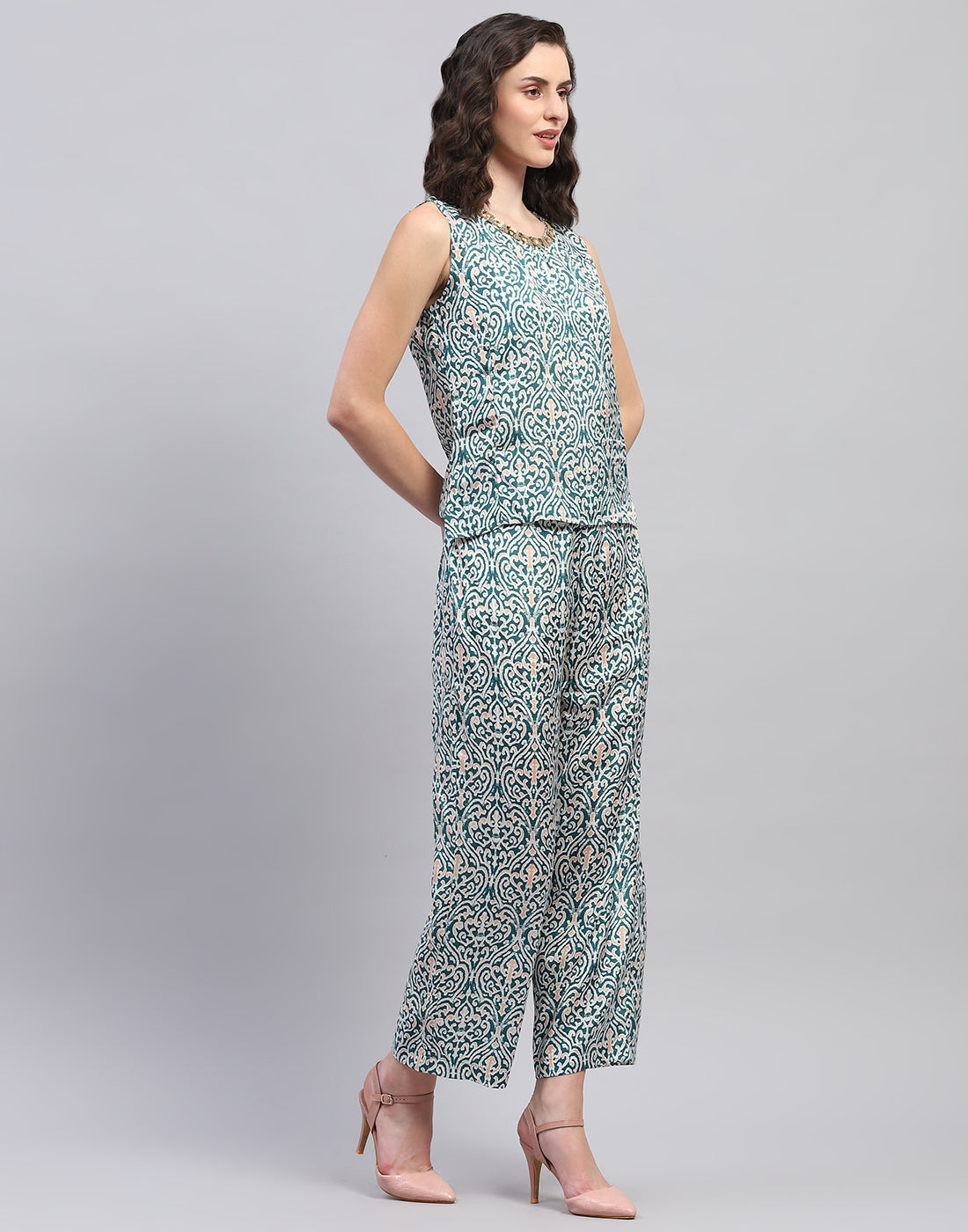 Women Teal Blue Printed Round Neck Half Sleeve Combo 3Pc Set