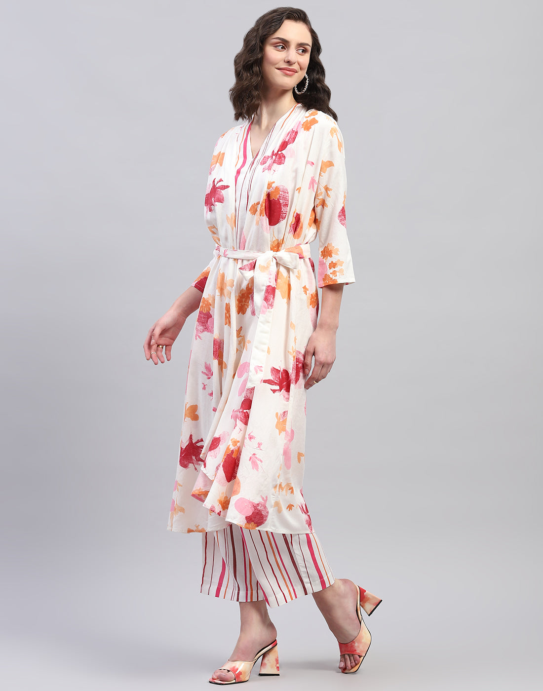 Women Pink & Orange Printed V Neck 3/4 Sleeve Combo 3Pc Set