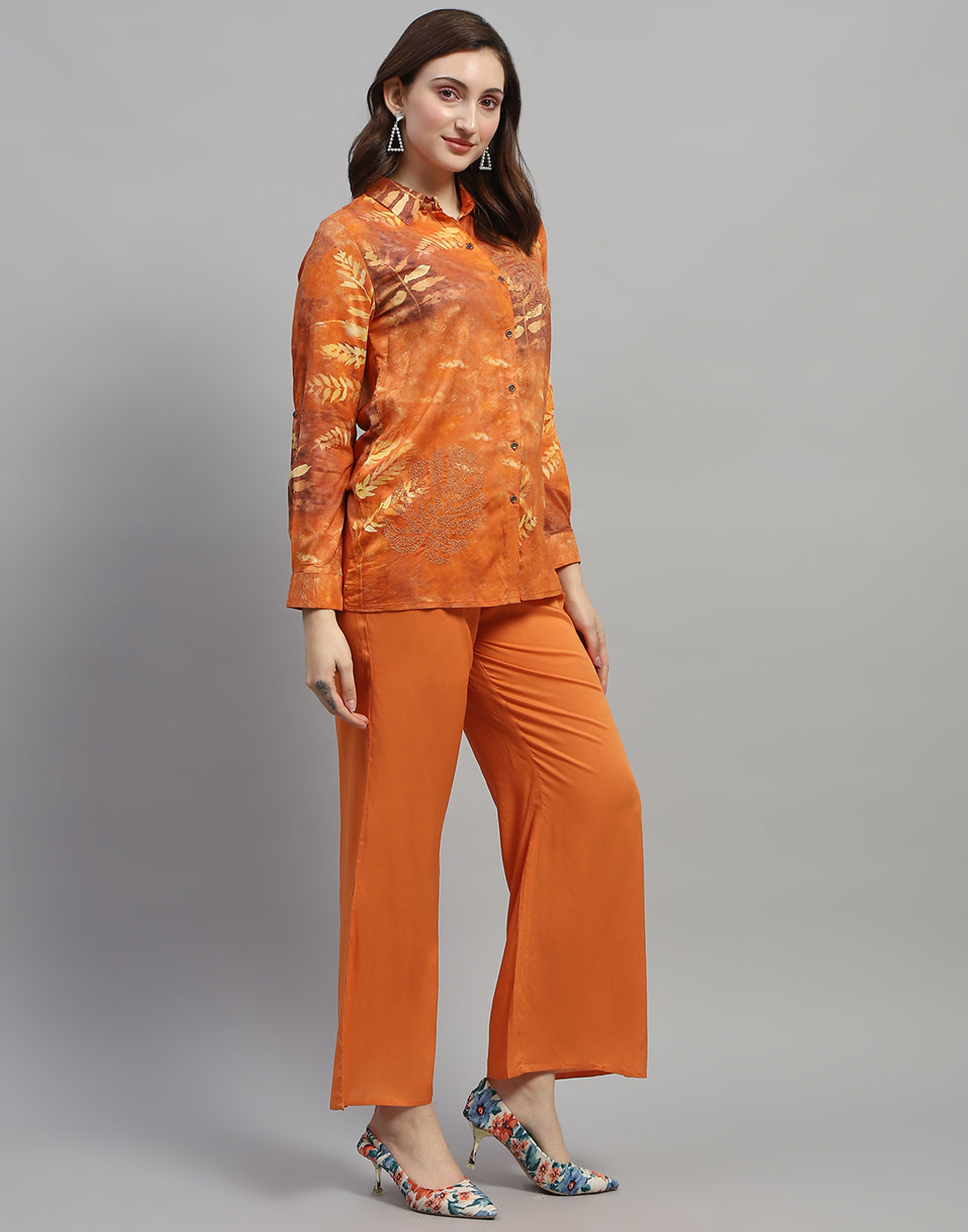 Women Rust Embroidered Collar Neck Full Sleeve Cords Set