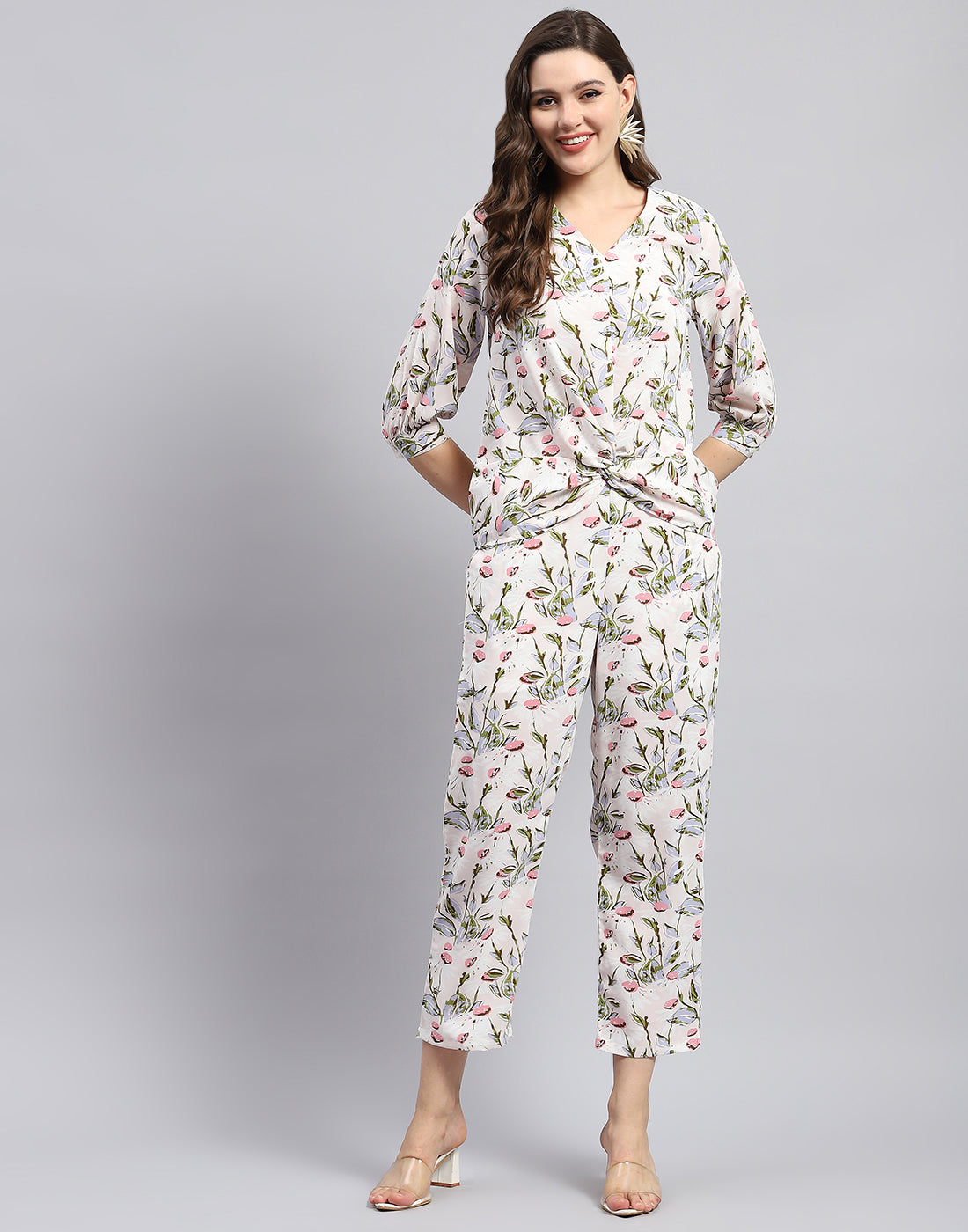 Women White & Pink Floral Print V Neck Cords Set