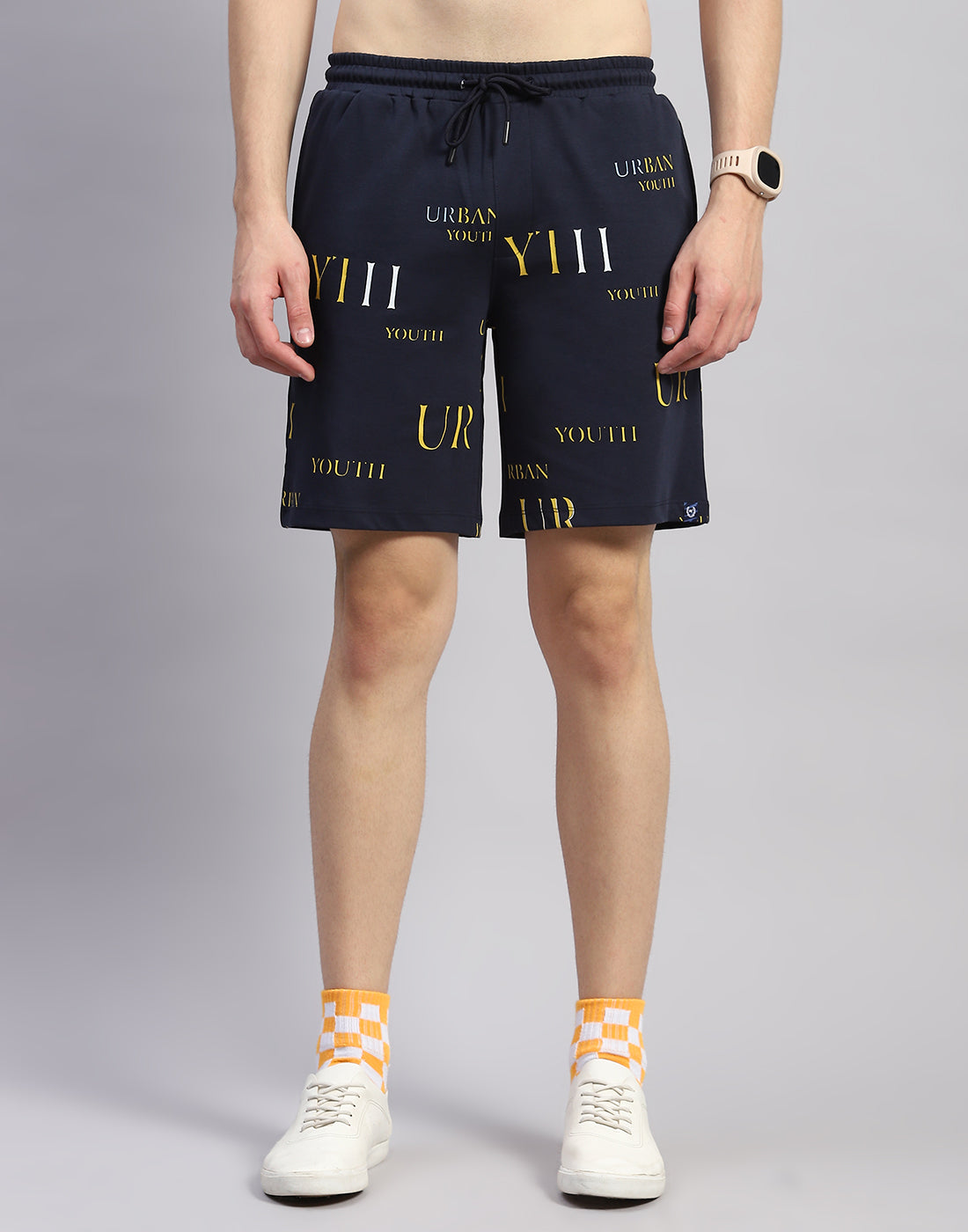 Men Navy Blue Printed Round Neck Half Sleeve Bermuda Set