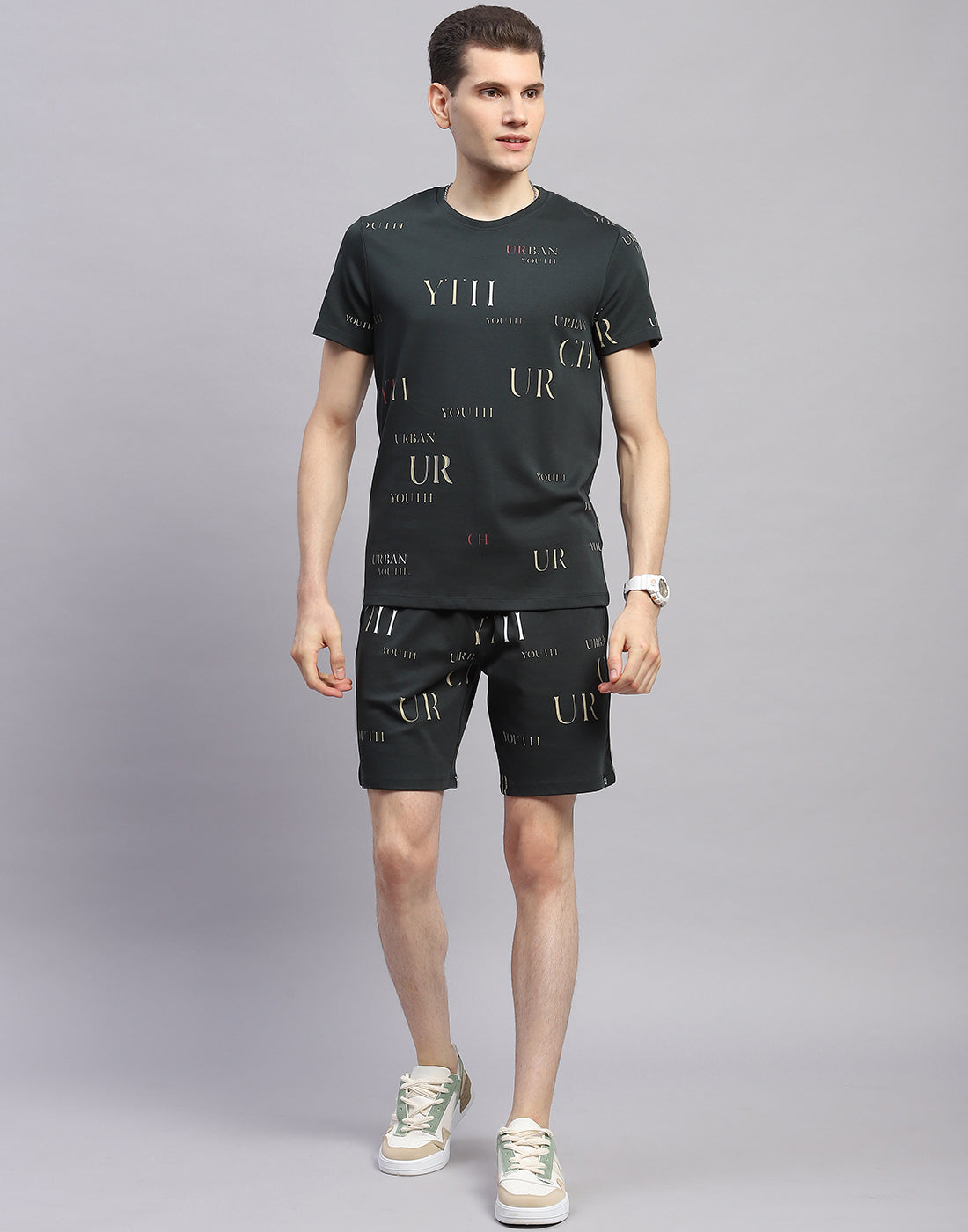 Men Olive Printed Round Neck Half Sleeve Bermuda Set