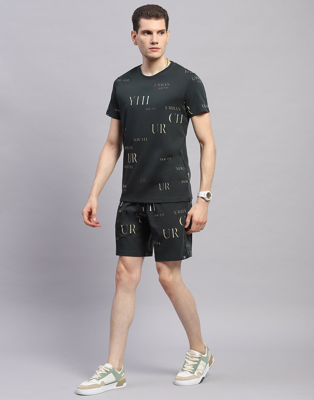 Men Olive Printed Round Neck Half Sleeve Bermuda Set