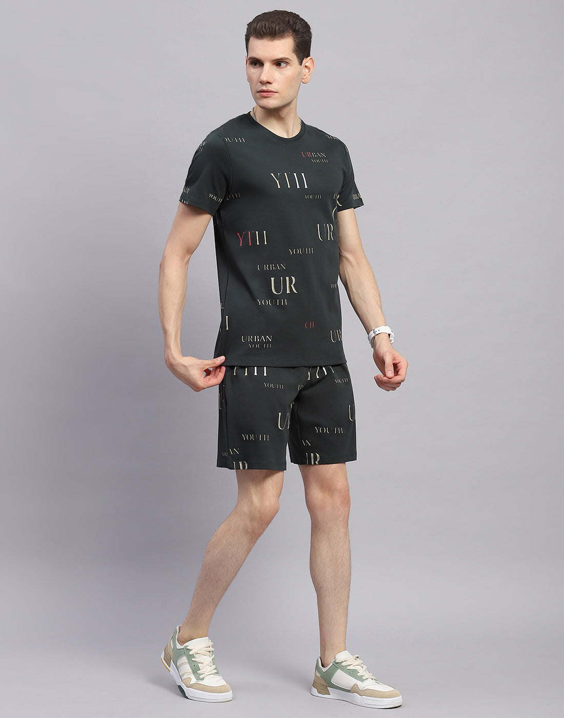 Men Olive Printed Round Neck Half Sleeve Bermuda Set